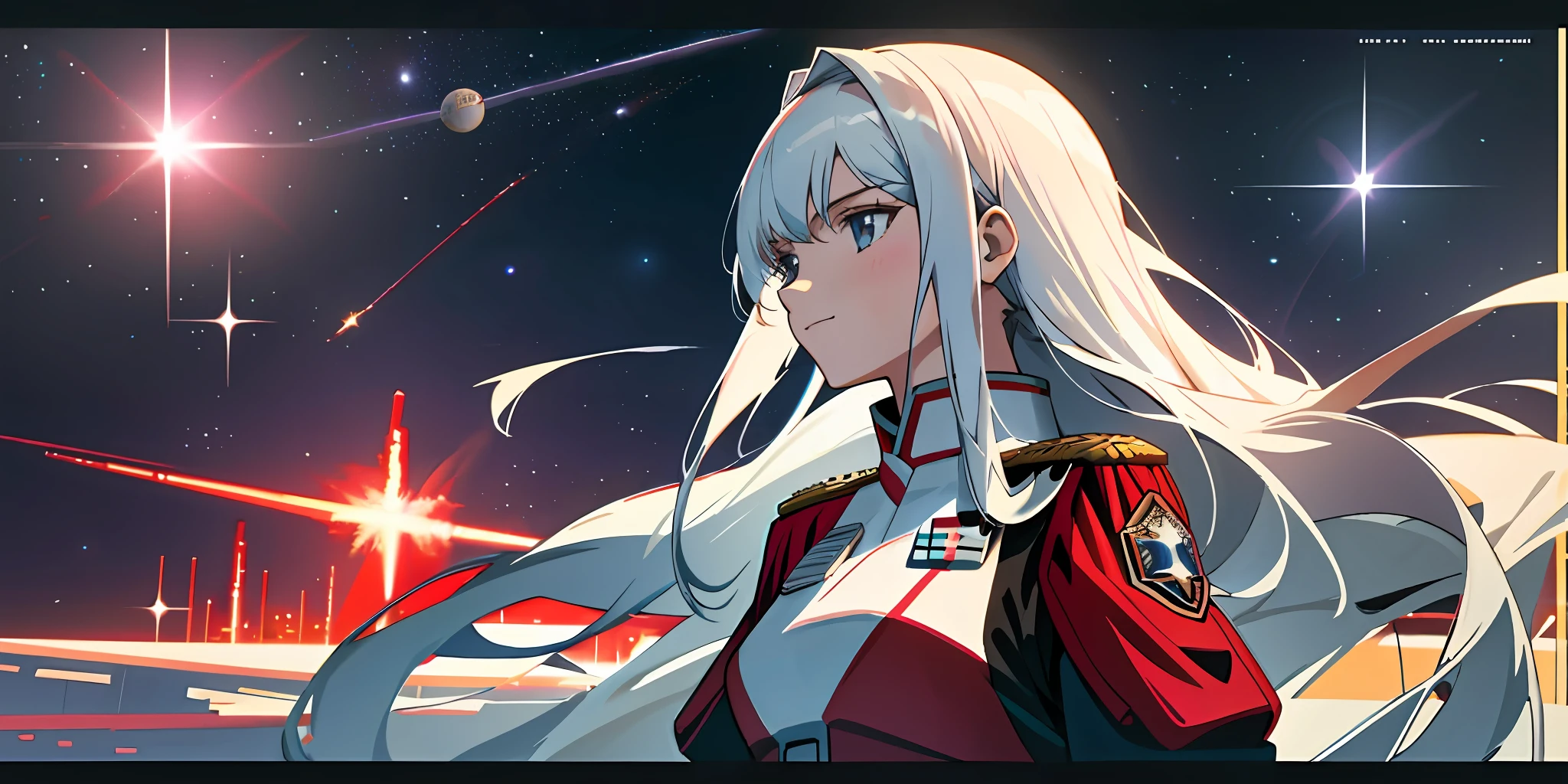 The girl stood on the command ship,Look into the space battlefield in the distance,With a slight smile,A star is exploding in the distance。Maiden Governor,White-haired girl,portrait of age girl,With a light red uniform of an imperial general,Starship battlefield,Order of the Eagle,Anime wallpaper 4k,Anime wallpaper 8K