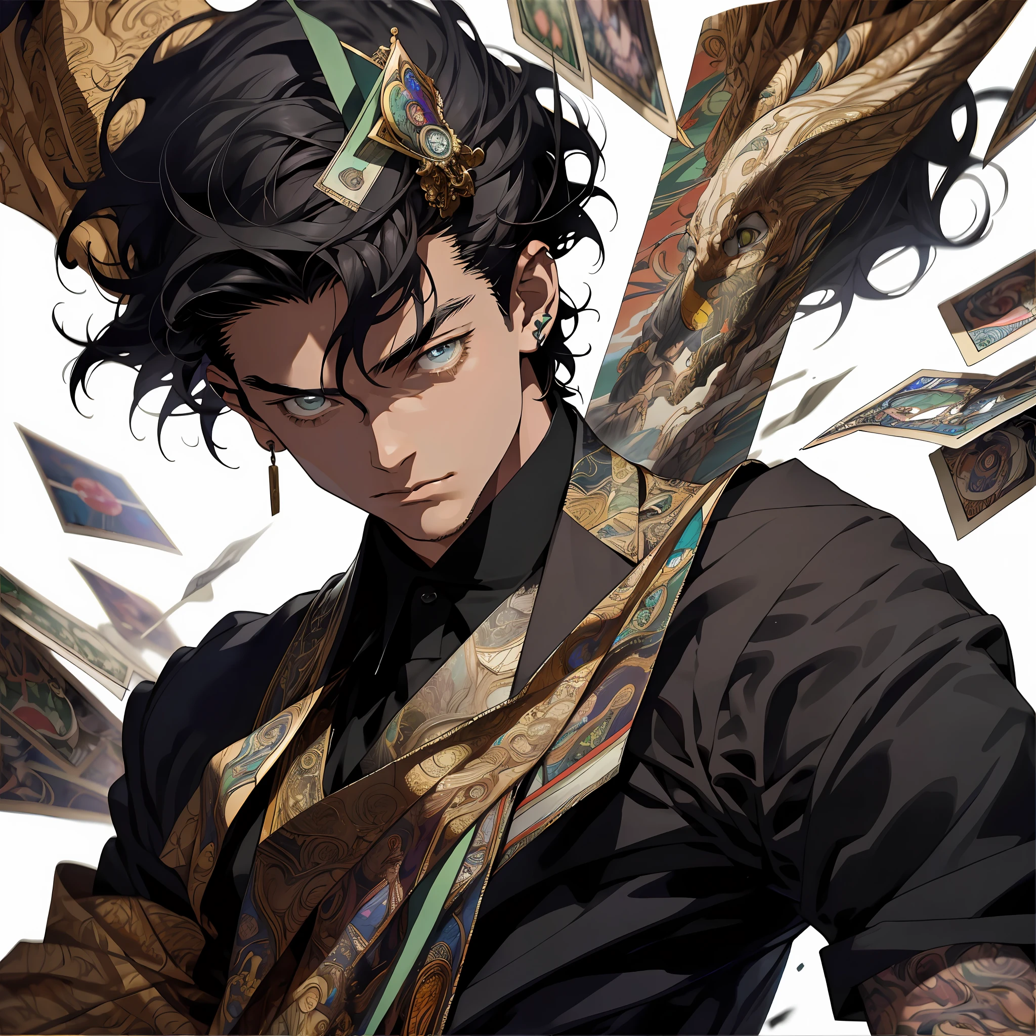 Realistic, (masterpiece, top quality, best quality, official art), very detailed, colorful, most detailed, gods, short hair, black hair, (magic), handsome man, white background, (tarot card character), upper body, pakistan, 18 years old