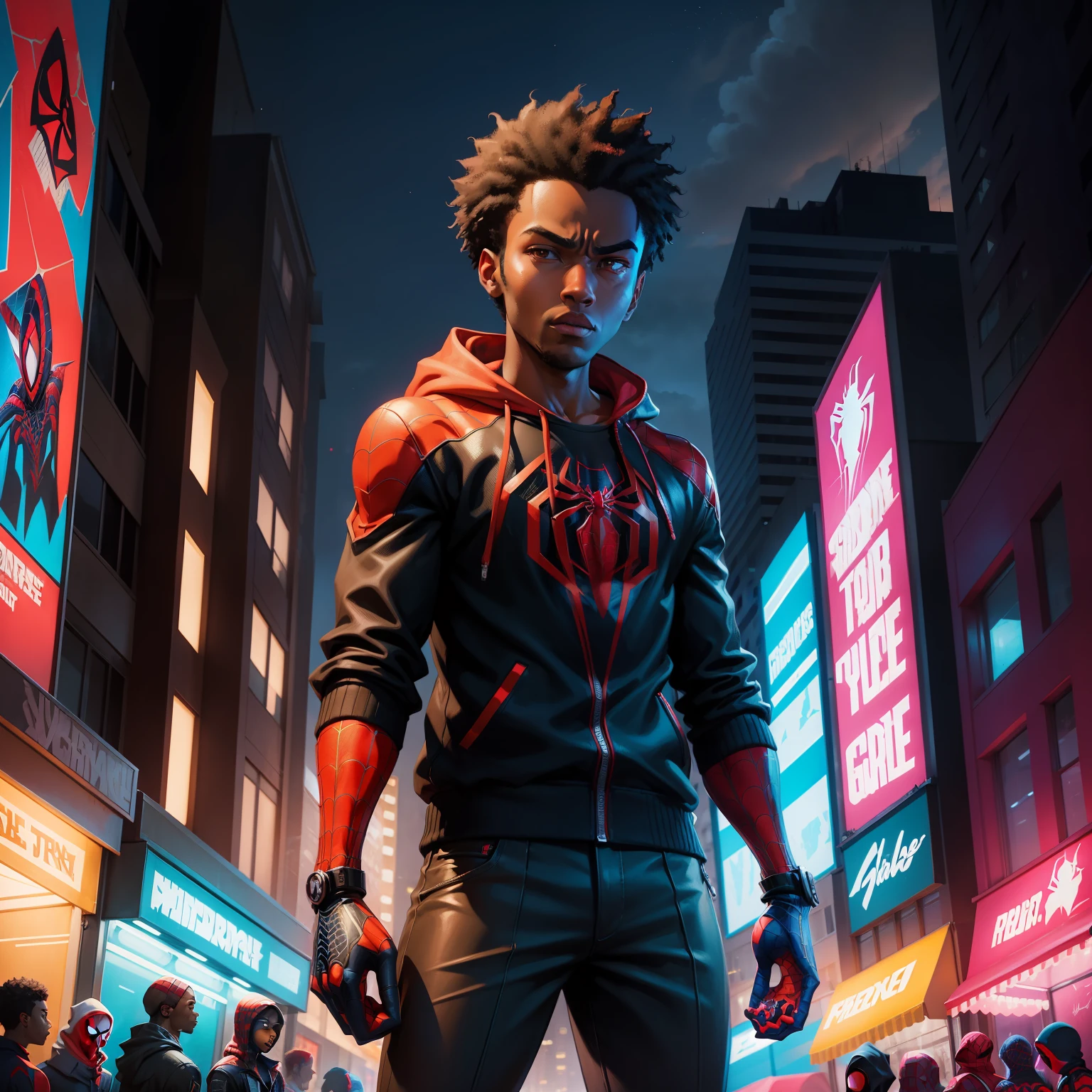 spider - man standing in the middle of a city street with graffiti all over it, futuristic style spiderman, spider - verse art style, miles morales, miles morales!!!, hero pose colorful city lighting, donald glover as miles morales, into the spider verse, spiderverse, into the spiderverse, in the art style of dan mumford, epic comic book style