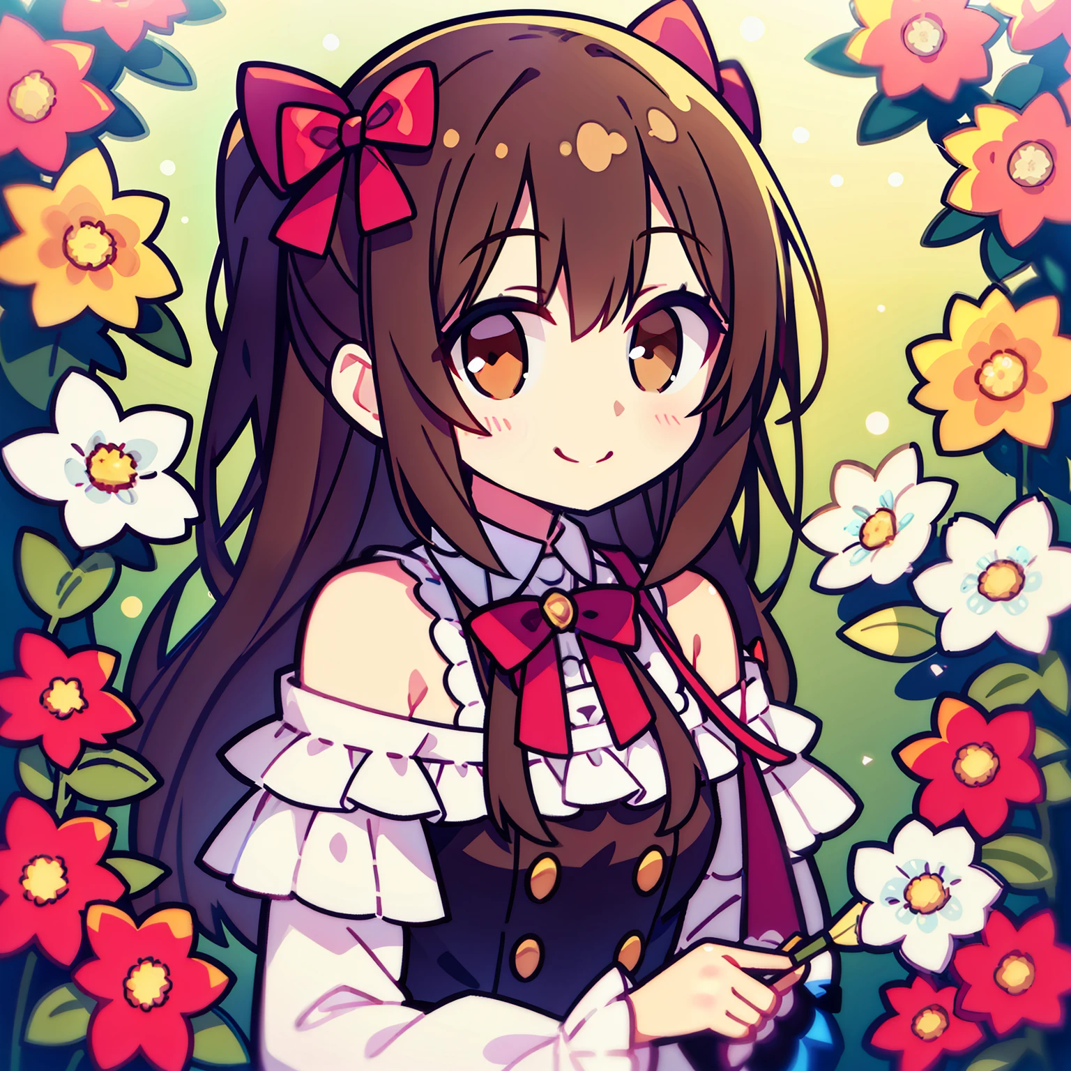 Brown eyes, cute bow beside the cheek, delighted smile, lace trims on shoulders,holding flower, smiling happily