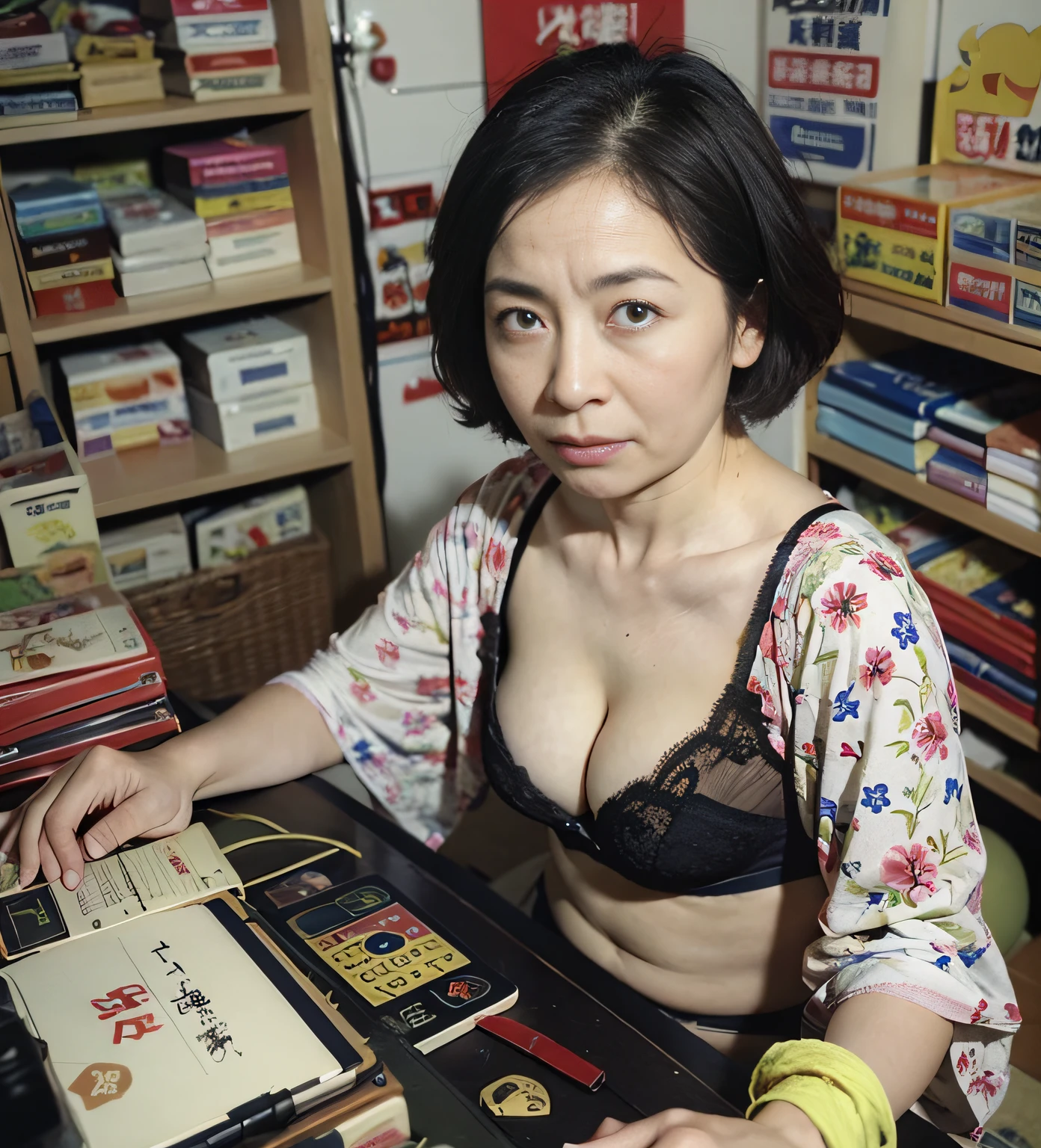 ((top-quality、8K分辨率、Master masterpiece、Portrait:1.3)), Photorealsitic, 35㎜ film, 1 Japan Woman, Beautie, 47 years old, Shorthair, Wrinkles at the corners of the eyes, Plump body, ((bra very :1.5)) , (Narrow video game shop: 1.3), Jumbled background, dark backgrounds, Messy room, Game Posters, Lots of game software