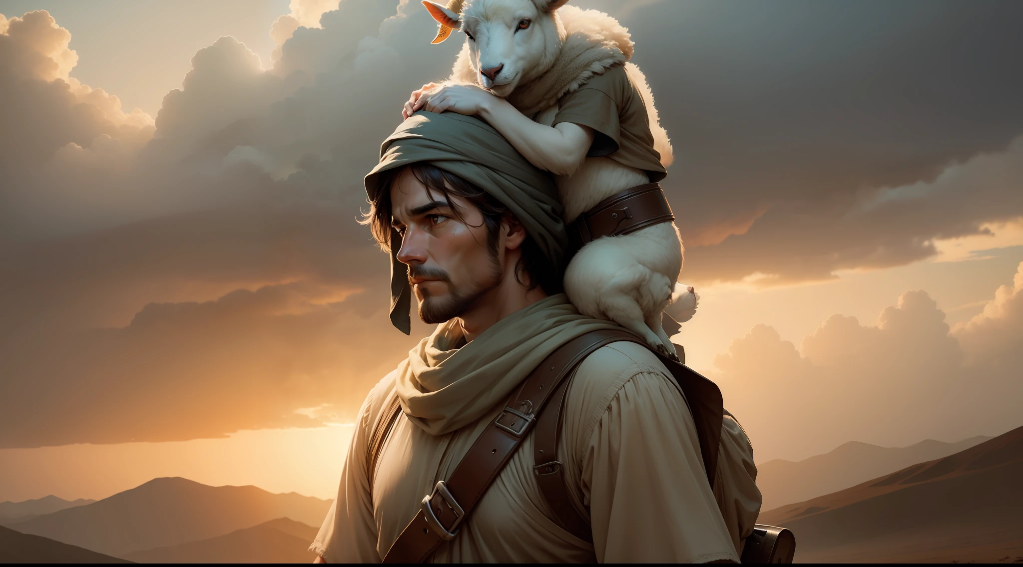 A shepherd carrying a lost sheep on his shoulders, with a look of care and concern.