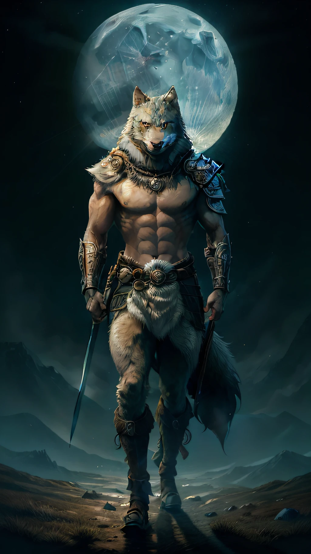 A man with a sword standing in front of a full moon - SeaArt AI