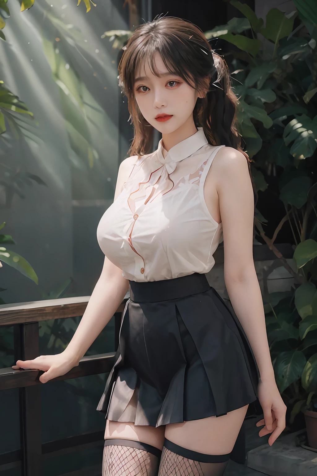 tmasterpiece：1.2，best qualtiy），hentail realism，（Real pictures，rich detail details，depth of fields），（1个Giant Breast Girl，独奏），putting makeup on，high detal，Perfect face shape，（：1.4），（dent in the skin），Thigh thick，Wide hips，Thin waist，highr，coral，Redlip，red eyes，pony tails（Kizi，Shallow tulle，Tulle transparent），（sweat leggs：1.2），（dampness），Raised sexy，Be red in the face，（shyexpression）， vests，Harnes，belly-bar，shorter pants，Yoga pants for，Tight skirt，skin-tight short-pants，stocklings，fishnet stockings，pyjamas，pleatedskirt，Skirt，Skirt that wraps hips，There are flowers on the clothes，The girl stood，dance，Hold the back of your head with your hands，Water waves flow，Charming