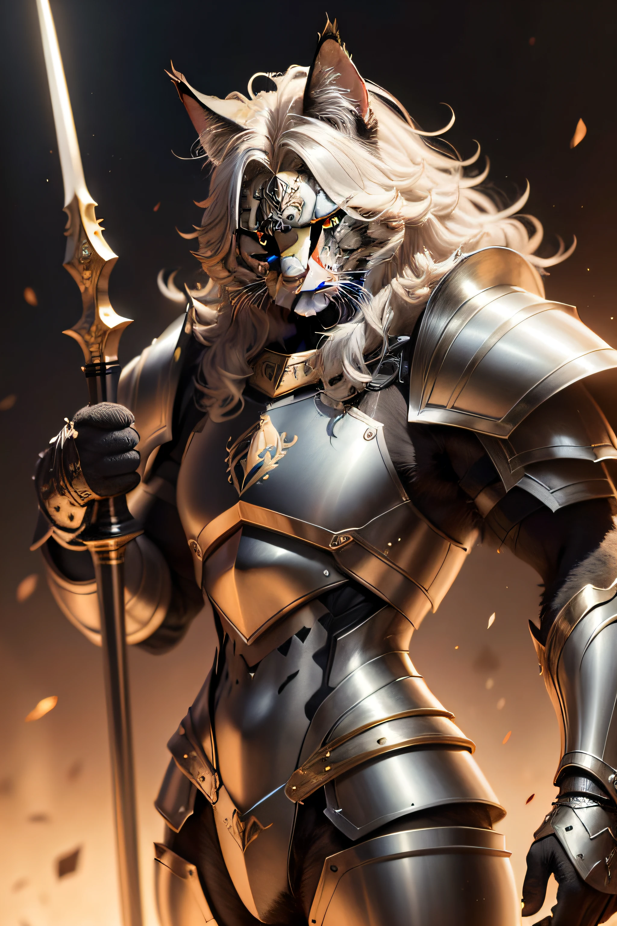 a single feline maine coon with armor, Guerreiro Beserk, a mystical being, muito peludo, luminescence, alta qualidade, perfection, realismo sobre o felino, realista, patas de felino, corpo inteiro.
