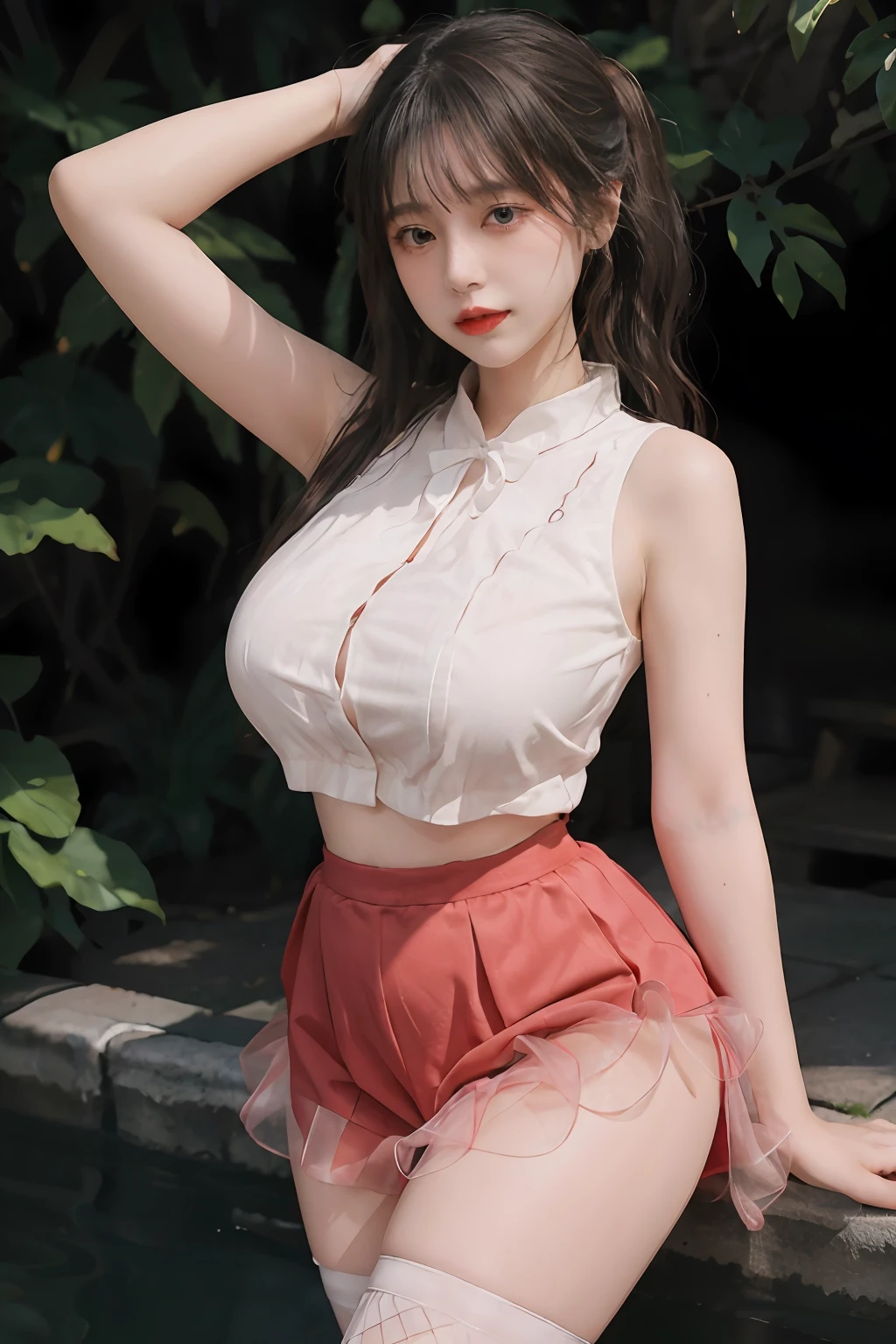 tmasterpiece:1.2,best qualtiy),hentail realism,(Real pictures,rich detail details,depth of fields),(1个Giant Breast Girl,独奏),putting makeup on,high detal,Perfect face shape,(:1.4),(dent in the skin),Thigh thick,Wide hips,Thin waist,highr,coral,Redlip,red eyes,pony tails(Kizi,Shallow tulle,Tulle transparent),(sweat leggs:1.2),(dampness),Raised sexy,Be red in the face,(shyexpression), vests,Harnes,belly-bar,shorter pants,Yoga pants for,Tight skirt,skin-tight short-pants,stocklings,fishnet stockings,pyjamas,pleatedskirt,Skirt,Skirt that wraps hips,There are flowers on the clothes,The girl stood,dance,Hold the back of your head with your hands,Water waves flow,Charming