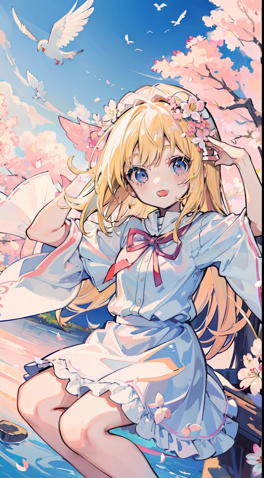 Lily White poses lively, Masterpiece, finedetail, 4K, 8K, 12K, Solo, 1 person, Beautiful girl, White female, Loli, 8 , Lily White, Blonde, Smile, Blue sky, Aeris, Flying pigeons, Spring, Cherry blossom petal