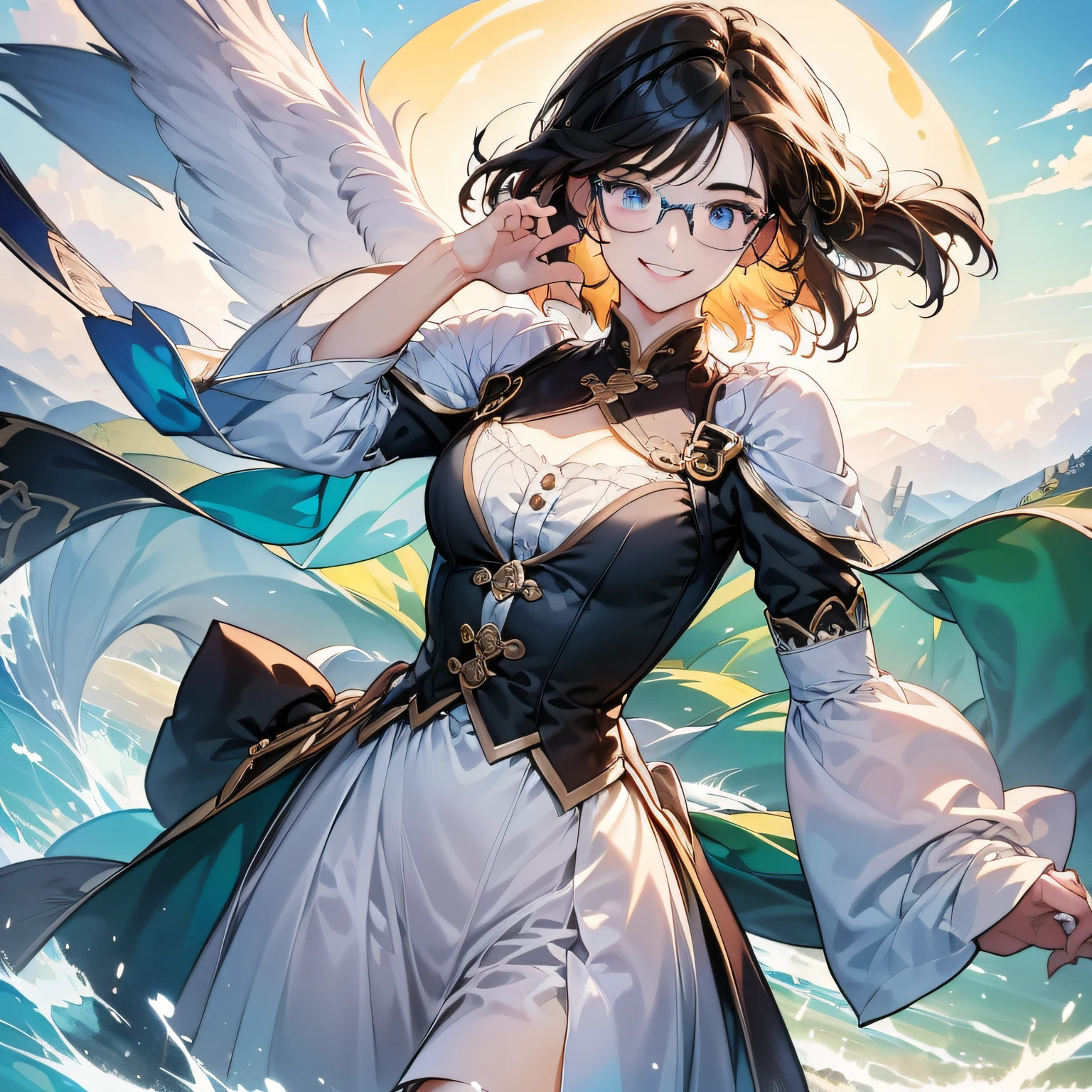(in 8K、top-quality、masterpiece:1.2)、1人の女性、(Smiling smile:1.1)、beautidful eyes、Valley、The upper part of the body、length hair、Like a boy、poneyTail、Green View、eye glasses