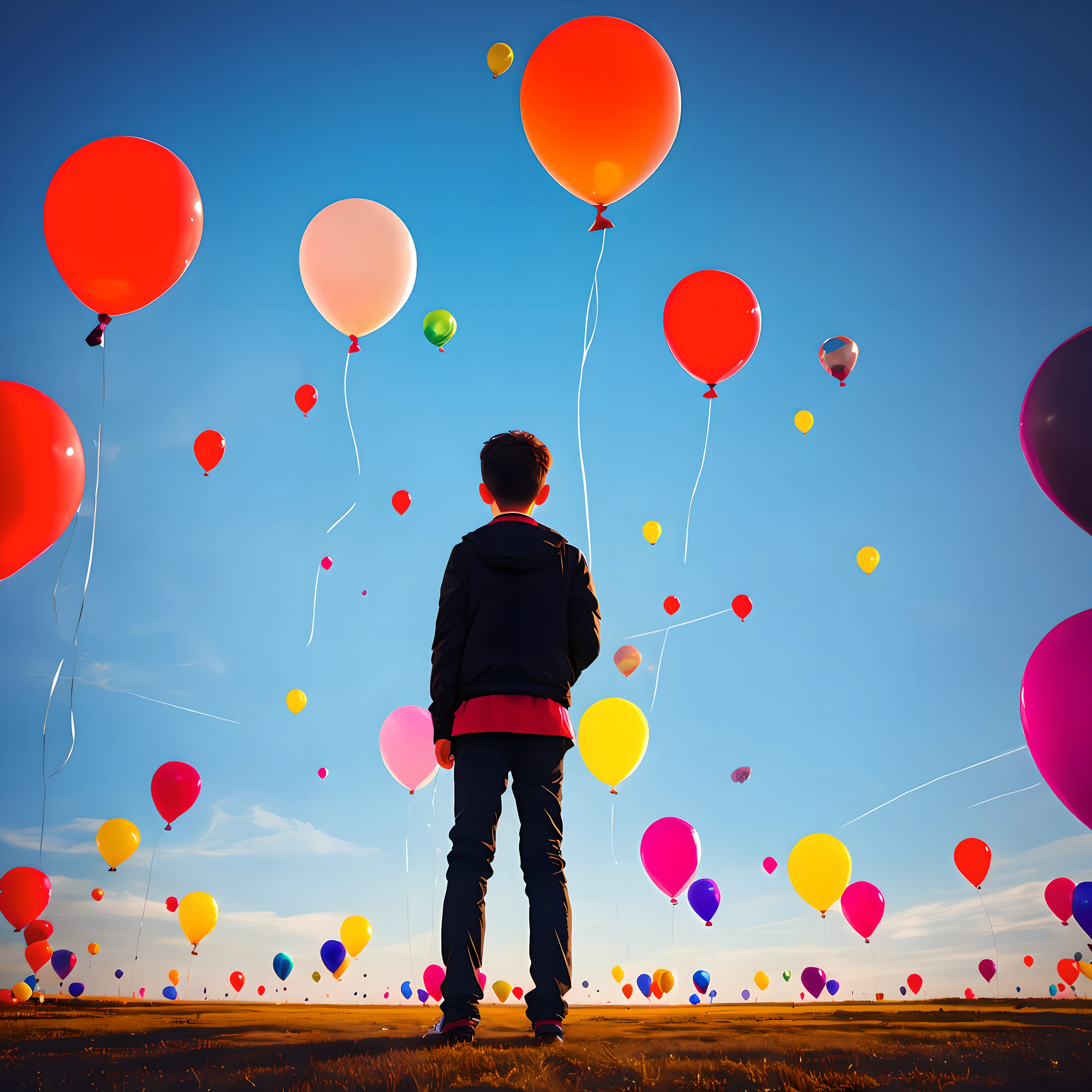 There's a boy standing in front of a bunch of balloons, Globos, balloon, foto colorida premiada, Directed by: Artur Tarnowski, Foto vencedora do concurso Unsplash, Directed by: Alexander Kucharsky, pexels, imagination, Globos, olhando para cima, looking at the sky, an amazing photo, Artem Chebokha, Shutterstock, foto surreal