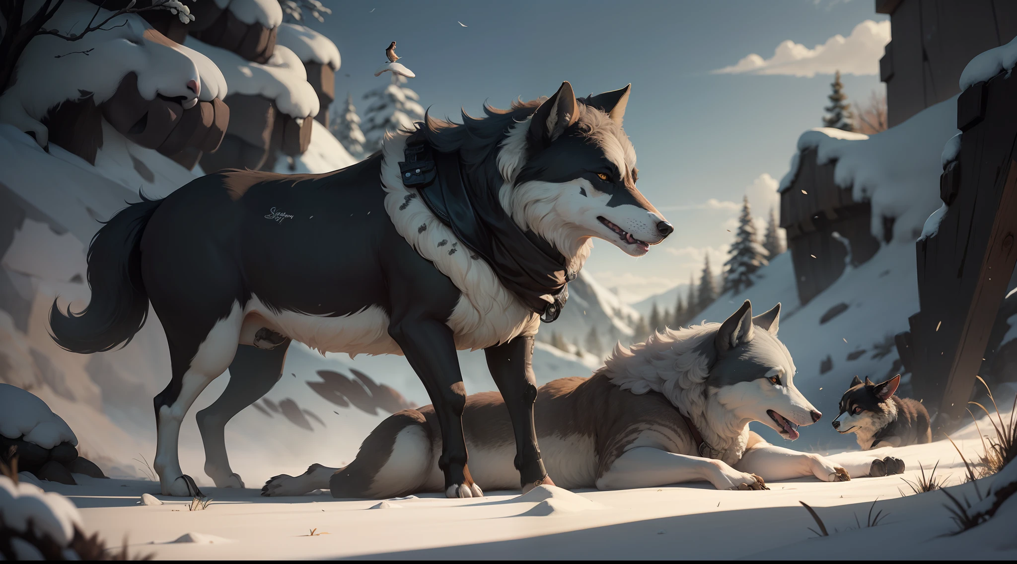 The shepherd protecting his sheep from a threatening wolf or predator.