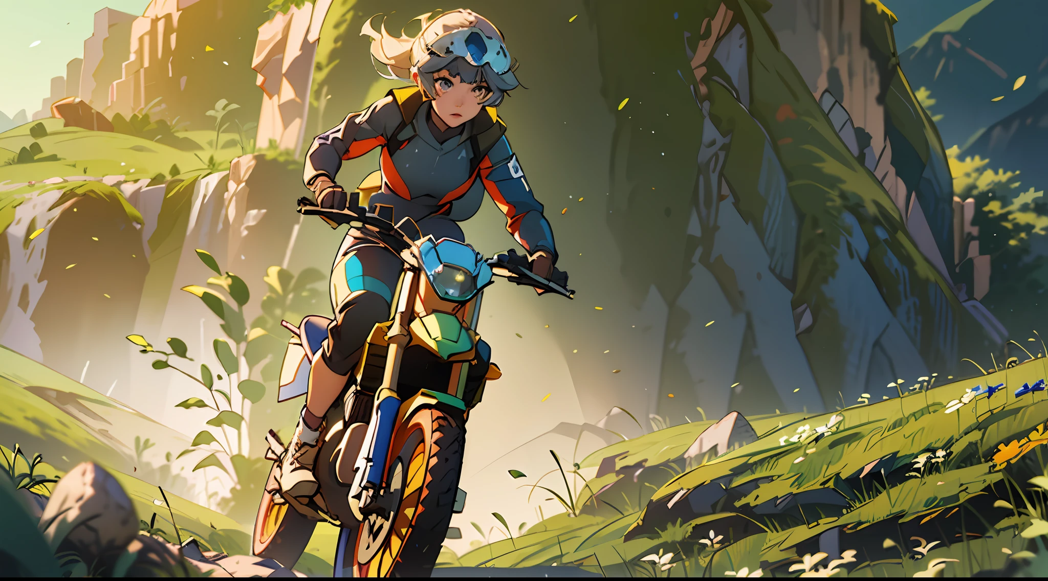 A woman rides a motocross which is in the middle of a jump between 2 cliffs and she is enjoying the fact she is doing a well-done job, she is using a motocross suit, 1 woman, she is not using a helmet, highly detailed face, particles of dirty and grass around, daylight, sun rays, atmospheric light, high definition, masterpiece, intricate details, 8K, ultra definition, radical, volumetric illumination, dynamic composition, highly detailed, colorful, 2d anime style, moe style