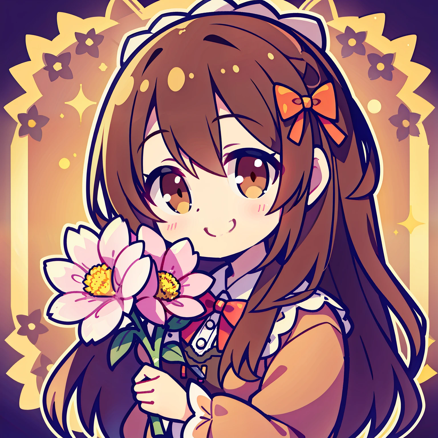 Brown eyes, cute bow beside the cheek, delighted smile, lace trims on shoulders,holding flower, smiling happily