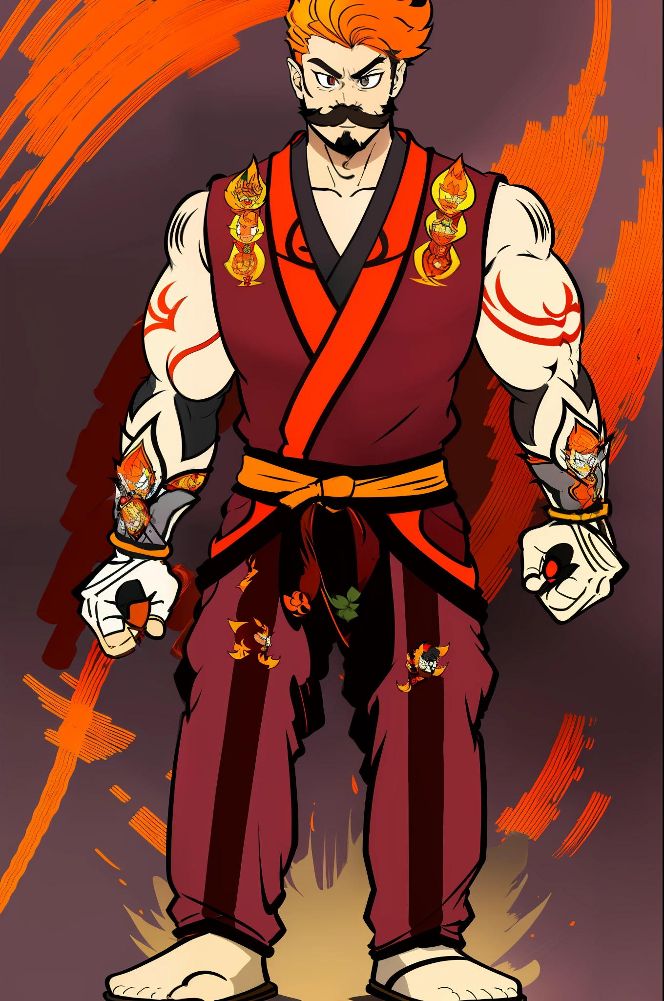 ryan westhearth, red hair, orange hair, fire hair, mustach, muscular male, kimono martial art , monk,, walking, full body, portrait