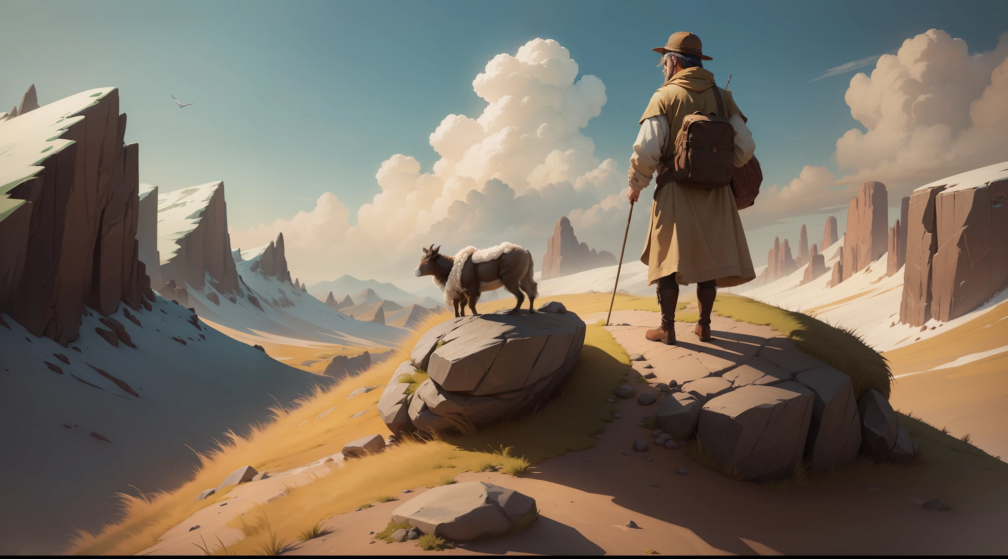 The shepherd searching diligently for a lost sheep in rough terrain.