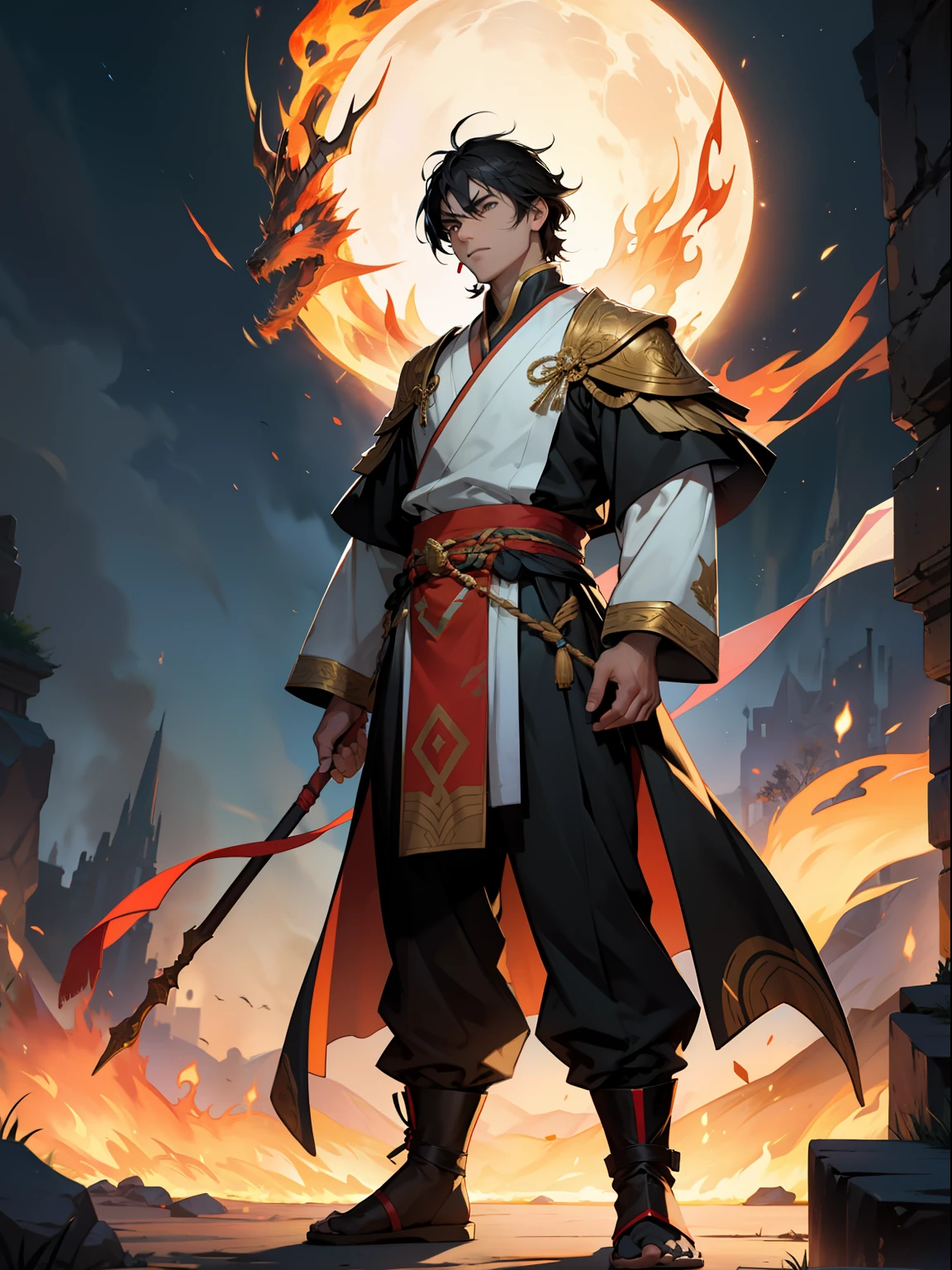 of a guy，Douluo Continent costume，Black hair，Mighty，standing on your feet，fire glow，，