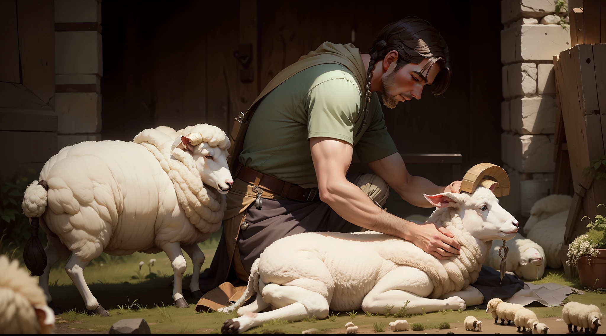 An image of the shepherd tending to a wounded sheep, symbolizing his nurturing nature.