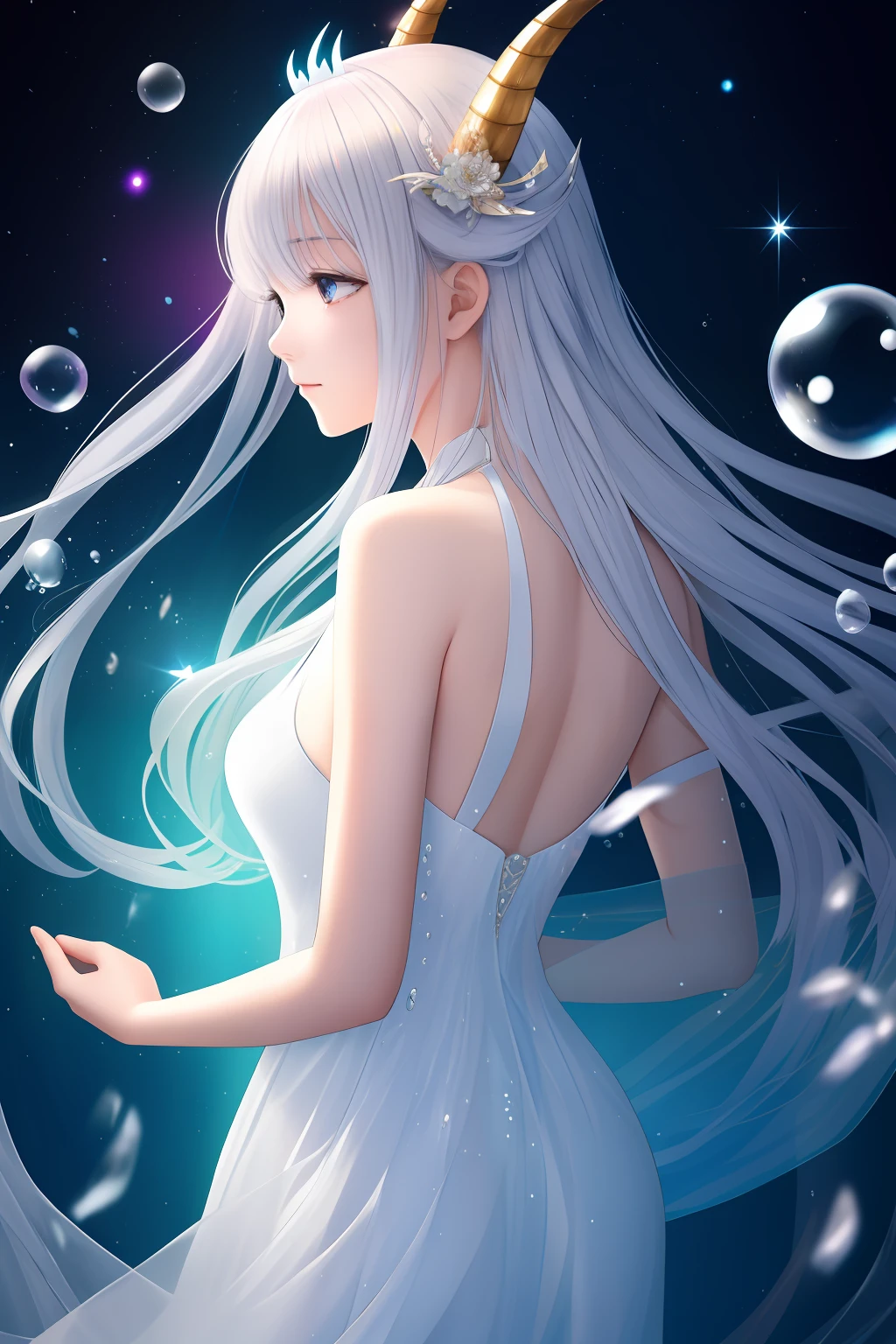 美丽细致的眼睛，Delicate beauty，afloat，（high saturated），（Colorful splashes），Colorful bubbles，（shine），Focus on the face，long whitr hair，Ayaka Kamisato，Silvery-white hair，By bangs，Long dragon horns on the head，floated hair，（shiny），best illuminate，best shadow，femele，Plain white long dress，An ice sword on his back