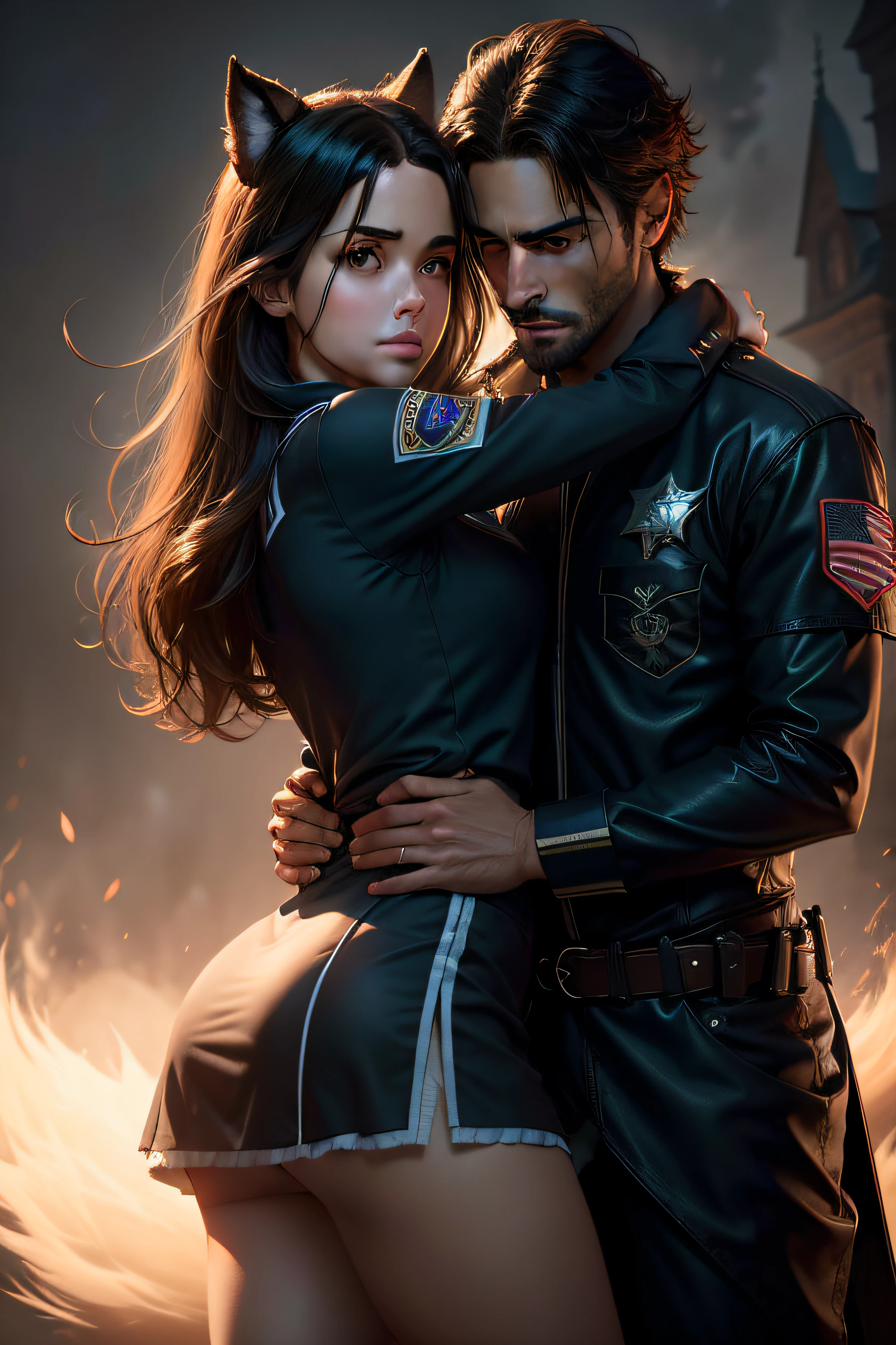 Book cover, a beautiful girl, longe dark hair, brown eyes, dressing a cheerleader outfit, huging a attractive man, in sheriff clothes, fog, fullmoon, a shadow of a wolf in the back, photorealistc, cinematic, ultra detailed, dramatic lighting.