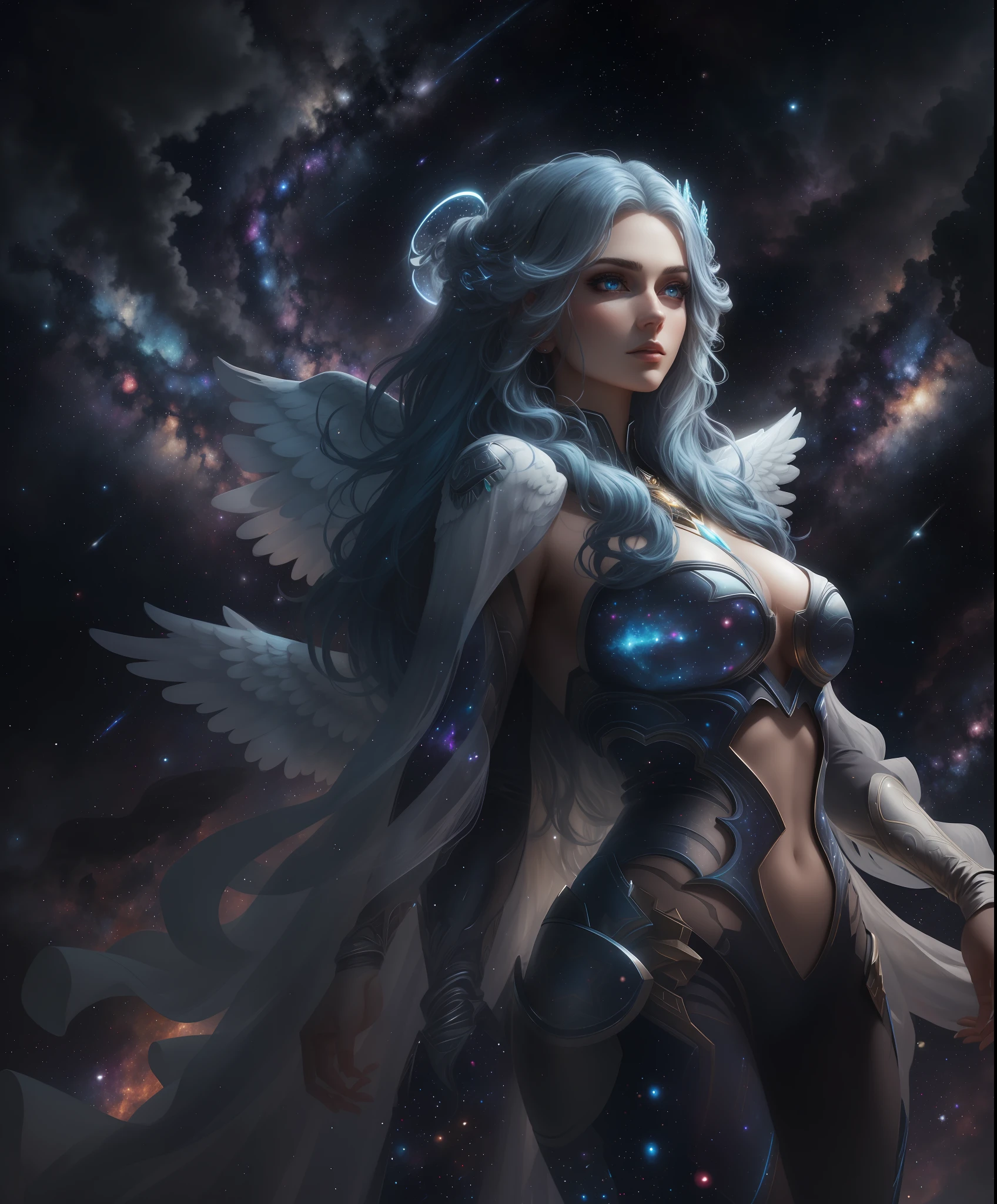 Realistic professional photos with super detail
Full shot, full body, straight shot, one girl, blue hair, blue eyes, long hair, big round breasts, floating, posing, power pose, halo, angel wings, haughty look, looking far away,
Standing in a starry sky with attention to detail, comets and nebulae in the background, streaks of light, cinematic lighting, side lighting, dark and detailed galactic background
8K, 4K, (High Definition: 1.1), Best Quality (Masterpiece: 1.3)