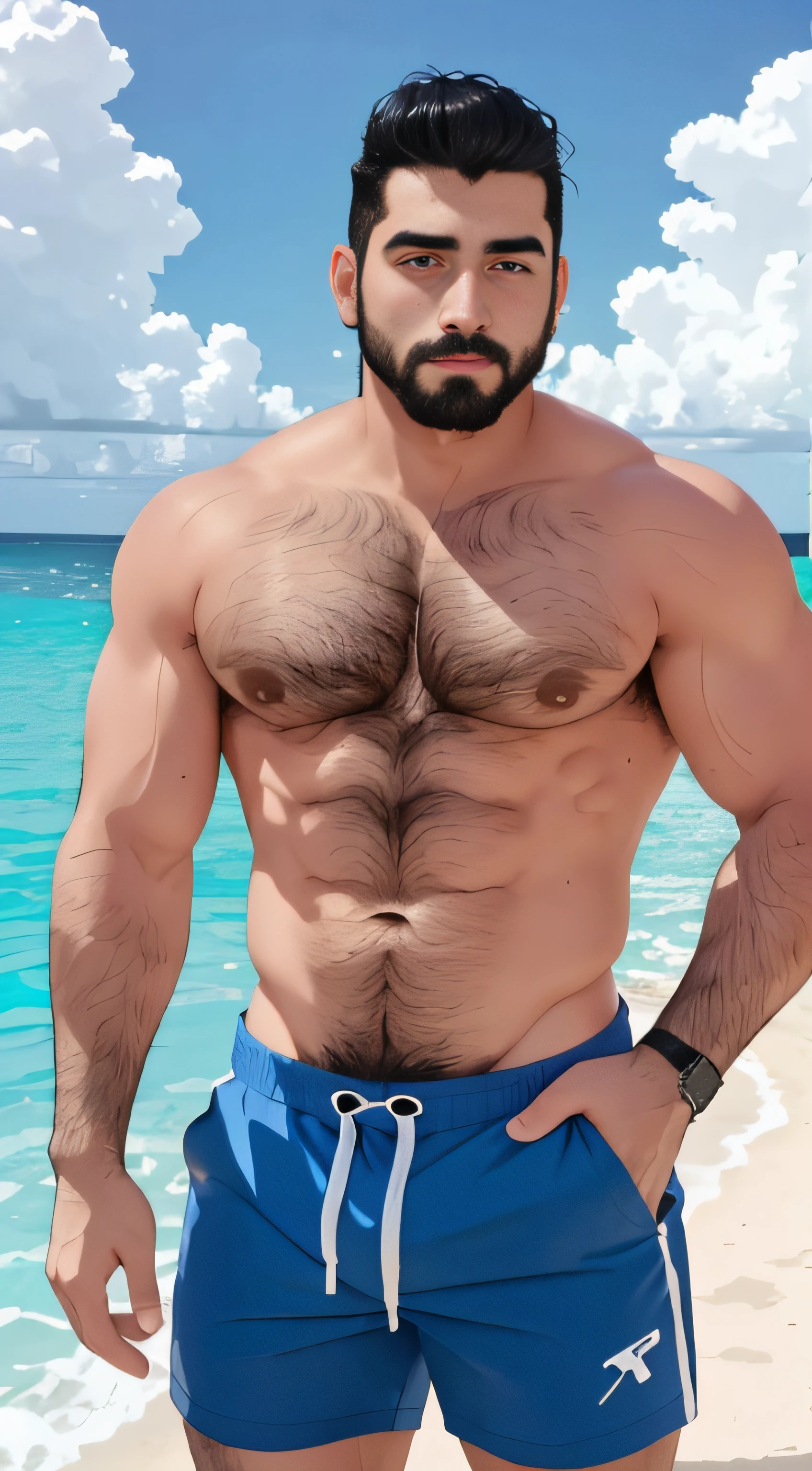barbado, Shirtless man standing in front of a Cancún beach, Super buff y cool, pecho peludo y cuerpo peludo, pecho peludo, Pelo en el pecho, 30 years old man :: atletic, pecho peludo desnudo, vello escaso en el pecho, cuerpos peludos, torso peludo parcialmente masculino, inspirado por Maluma, extremadamente flaco