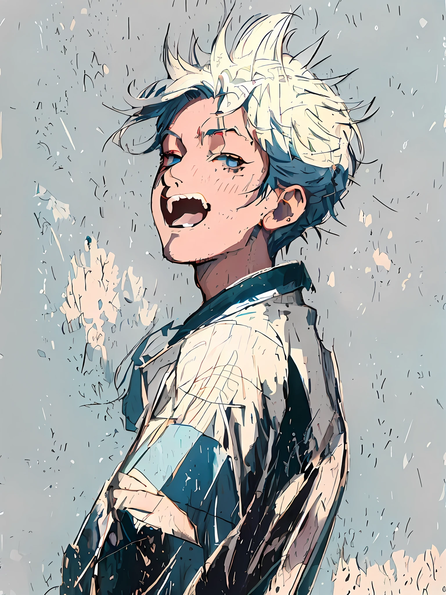 Anime characters with blue eyes and white hair in the field, 2 d anime style, Anime boy, handsome guy in demon killer art, young anime man, Blue-white hair, demon slayer rui fanart, highly detailed exquisite fanart, in an anime style, Tall anime guy with blue eyes, Anime style illustration, [[[[grinning evily]]]]