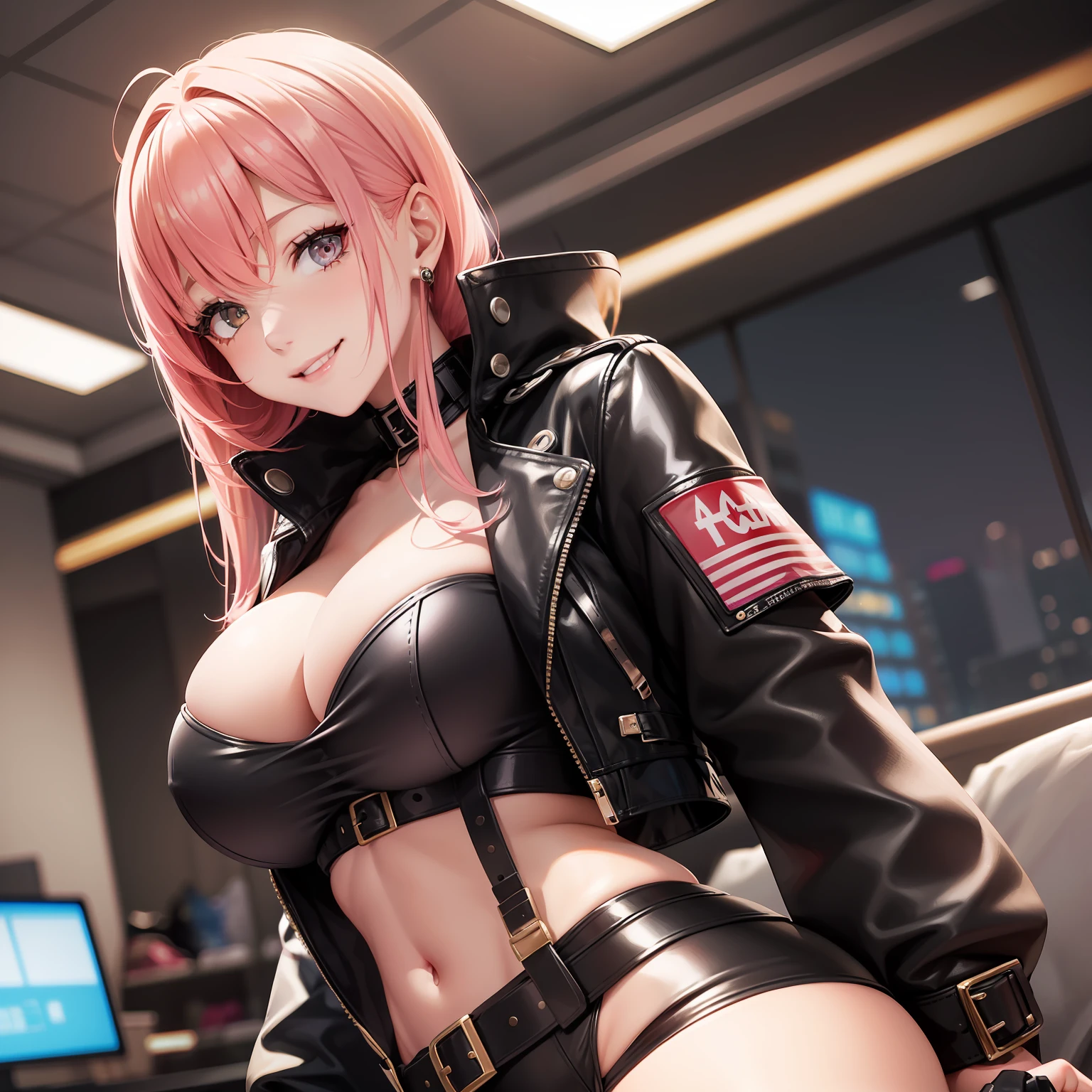 leather jackets Bodysuits girl with cyberpunked a smile top-quality beautiful a girl a beauty girl masterpiece Detailed skin Pink hair a blond poneyTail huge tit