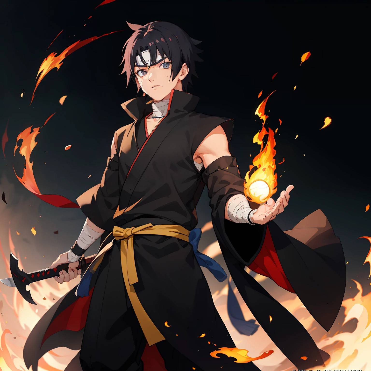 A character from the anime Naruto，Short black hair，The two sword eyebrows were slightly raised，The body is covered by a black robe，Handsome looking boy，Stand on the Fire Shadow Rock，looks into camera，The right arm is wrapped in a bandage，The bandaged right arm carries a ninja knife