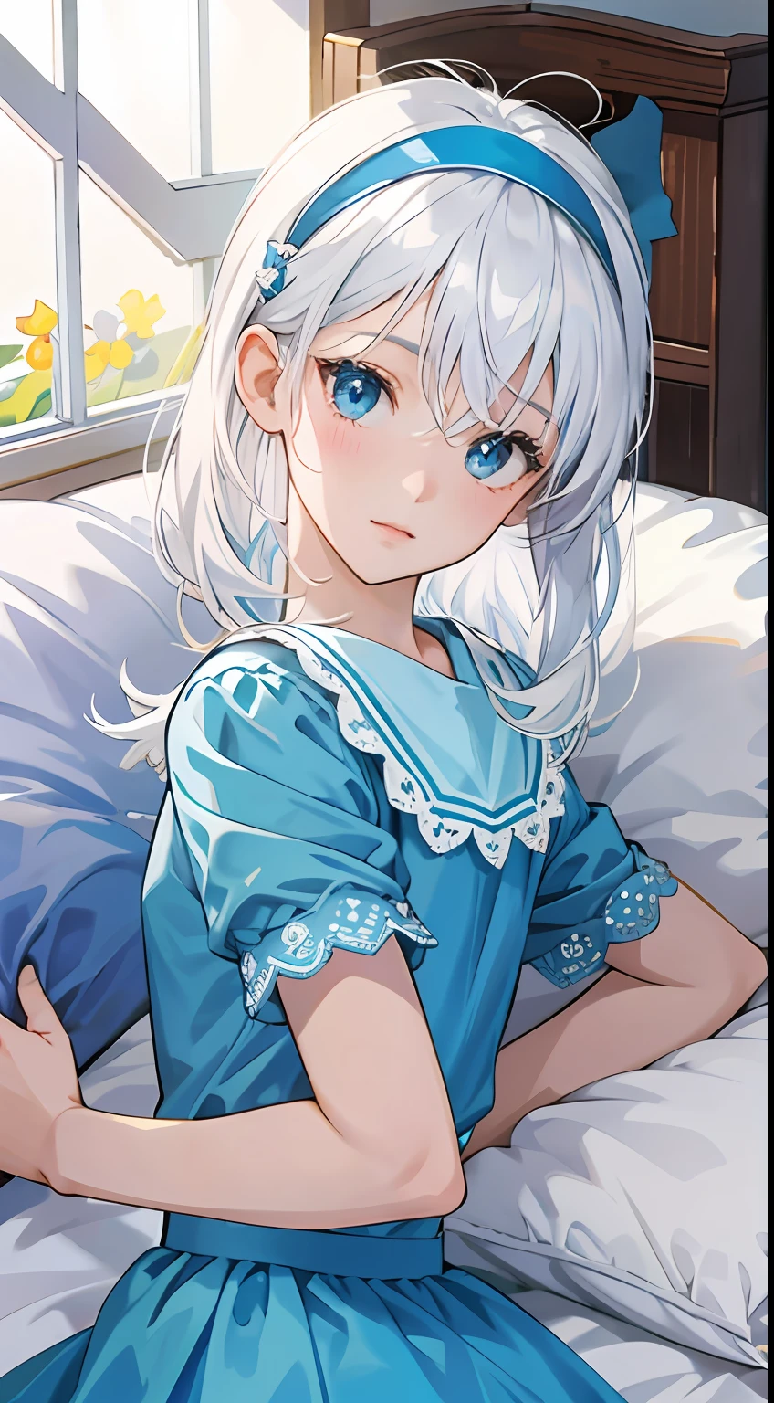 one-girl, Wear blue short sleeves, blue color eyes, on top of the bed,pillow head, Study desk, janelas, rays of sunshine, White hair, bow hair band, hyper HD, Masterpiece, ccurate, High details, Best quality