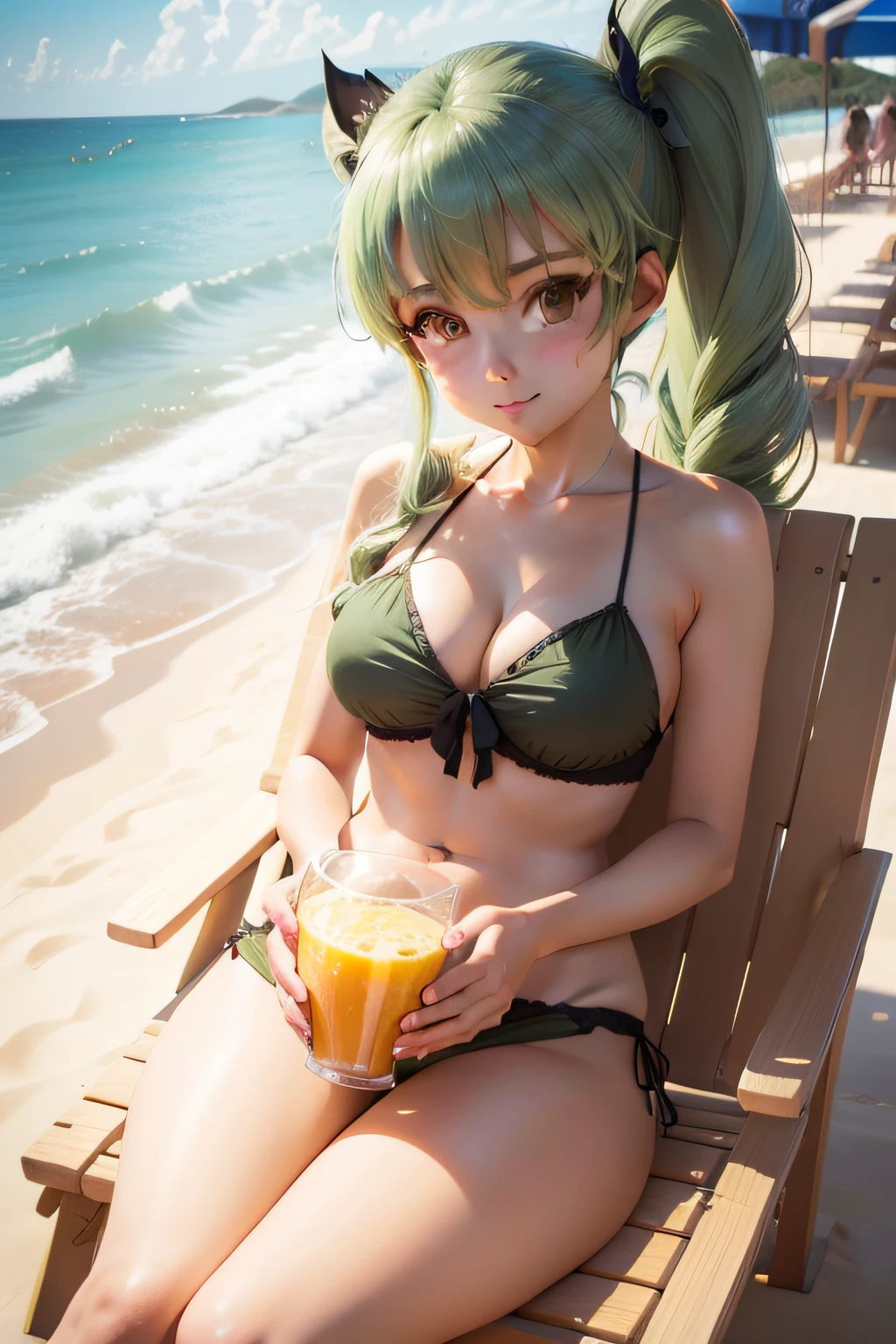 anchovy do anime girls und panzer tomando uma limonada sentada numa cadeira de praia
