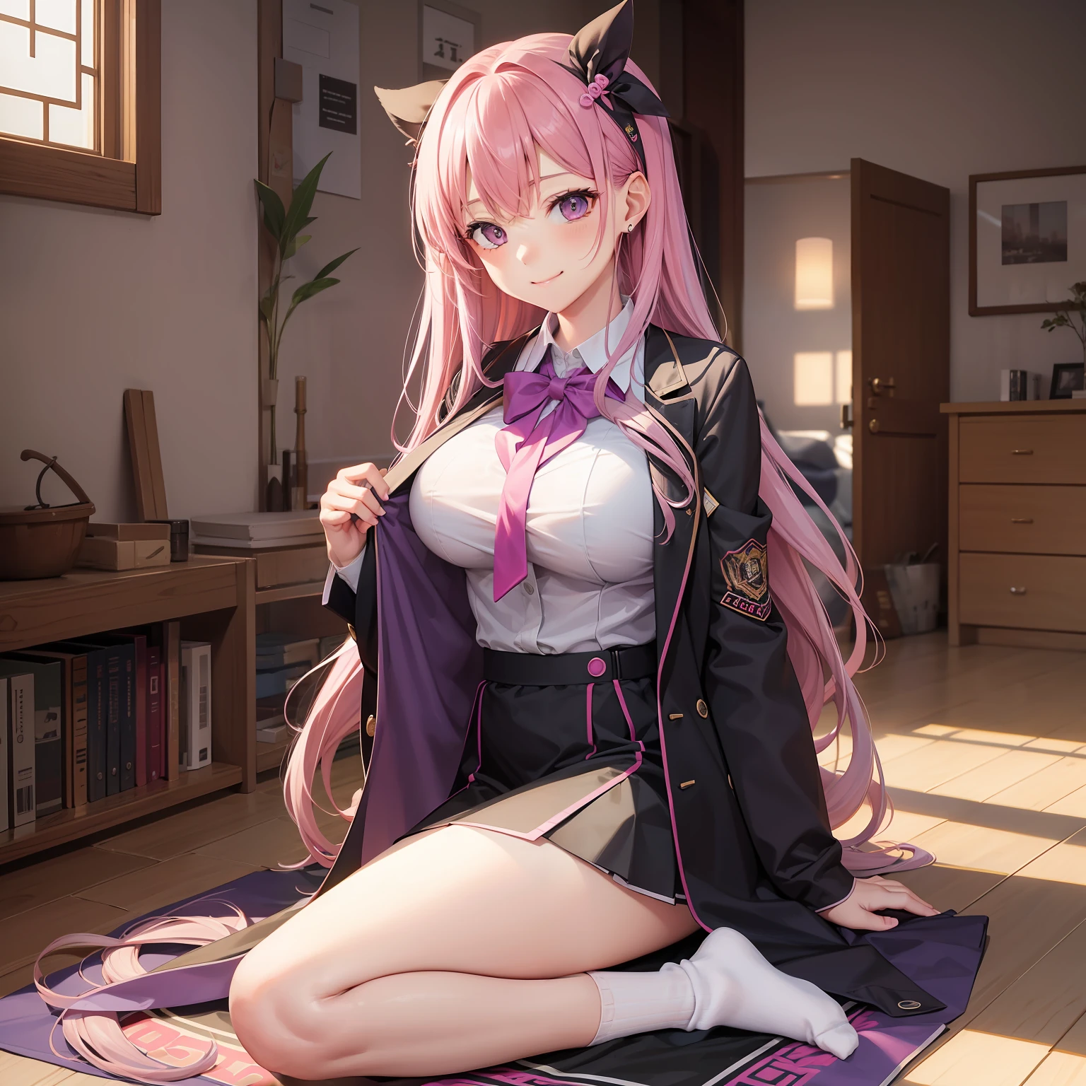 Loose Socks　校服、blazers、a smile、１６Year old girl　Long　Purple hair　Pink hair　　top-quality　​masterpiece　超A high resolution　　beautiful a girl　huge tit