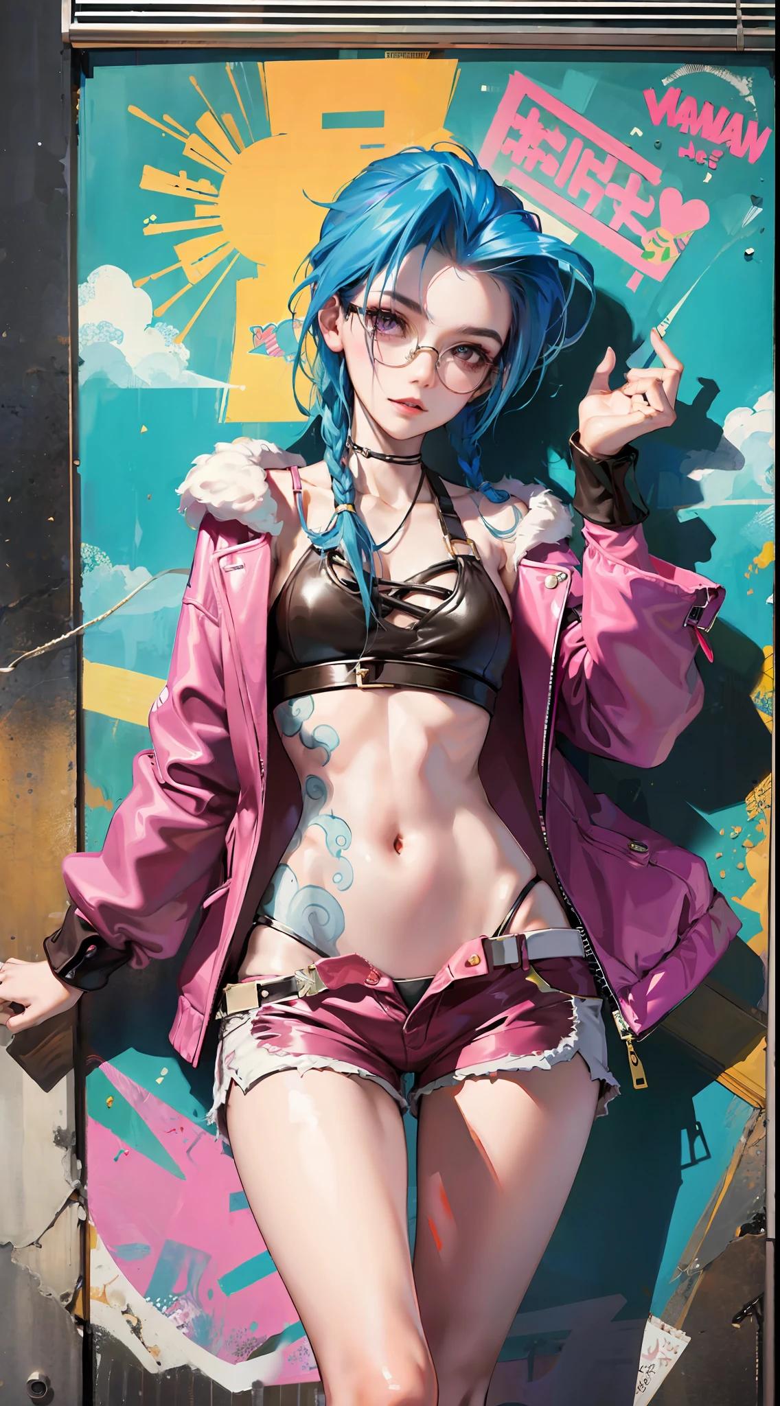 Jinx,Fleshy thighs,Poster publicity style,Street graffiti,C cup,wears glasses,Manteau blanc,Ultra shorts