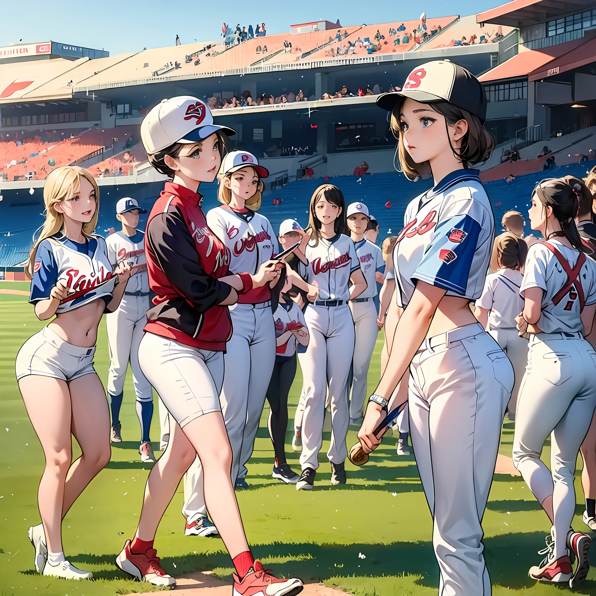 (masterpiece:1.3), best quality, nine girls, baseball ground, beautiful face, group shot, full body, marching, baseball uniform, baseball cap, blonde hair, black hair, close mouth, short hair