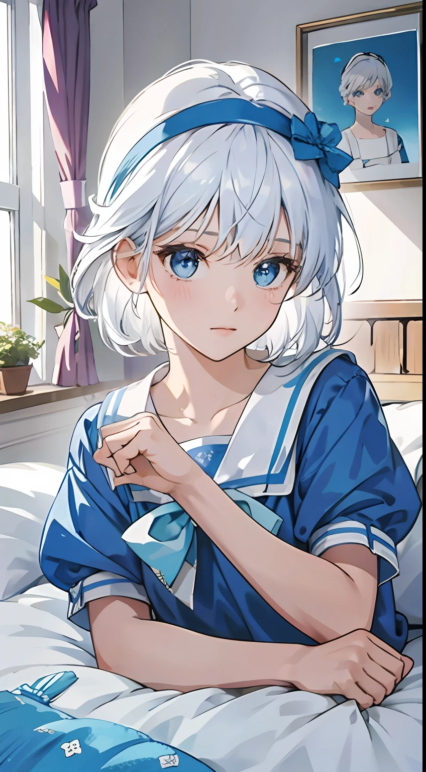 one-girl, Wear blue short sleeves, blue color eyes, on top of the bed,pillow head, Study desk, janelas, rays of sunshine, White hair, bow hair band, hyper HD, Masterpiece, ccurate, High details, Best quality