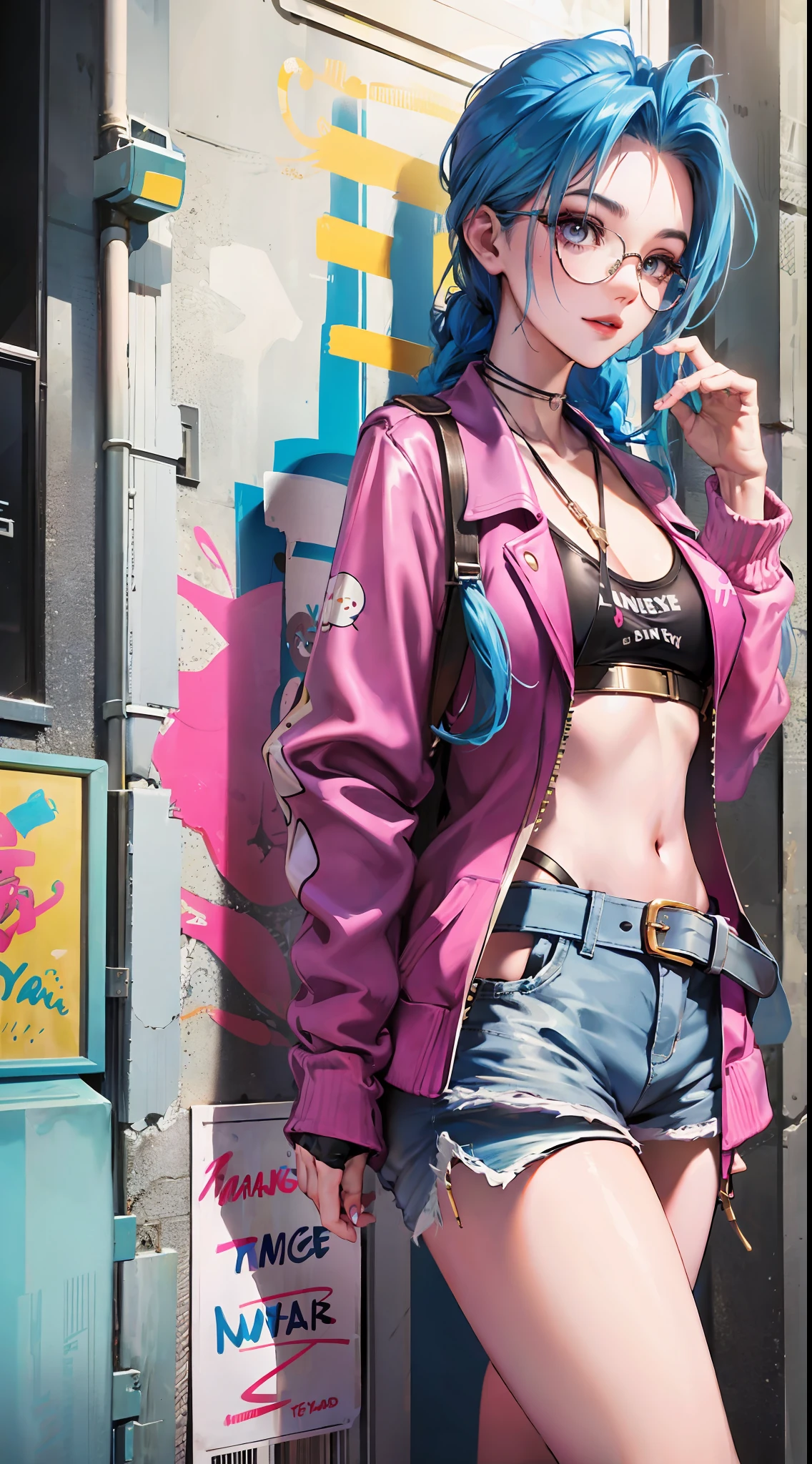 Jinx,Fleshy thighs，Poster publicity style，Street graffiti，C cup，wears glasses，Manteau blanc，Ultra shorts