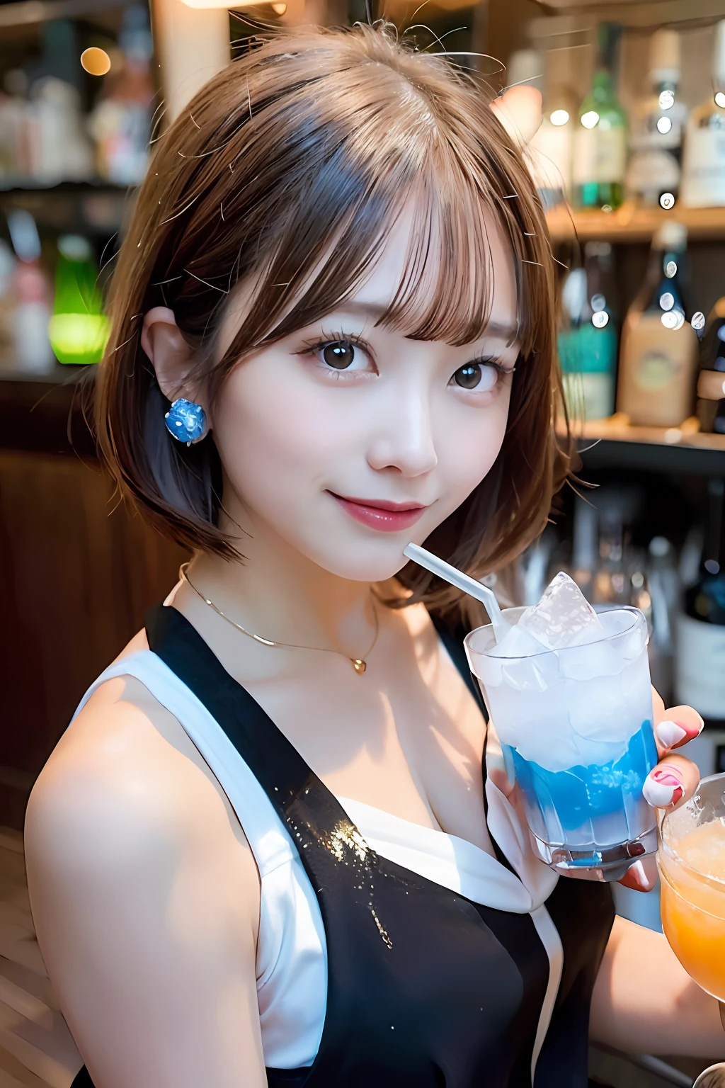 (Female bartender serving beautiful cocktails at dimly lit bar counter,),(( White and black bartender uniform,))、Japan Idol Girl、a smile、(Reddish brown straight bob cut hair、hair pin)、huge-breasted、(((Pour the ice cubes into a shiny glass container,、Enjoy a colorful blue cocktail inspired by summer,))),Beautiful fingers,Beautiful fingertips,gazing at viewer、