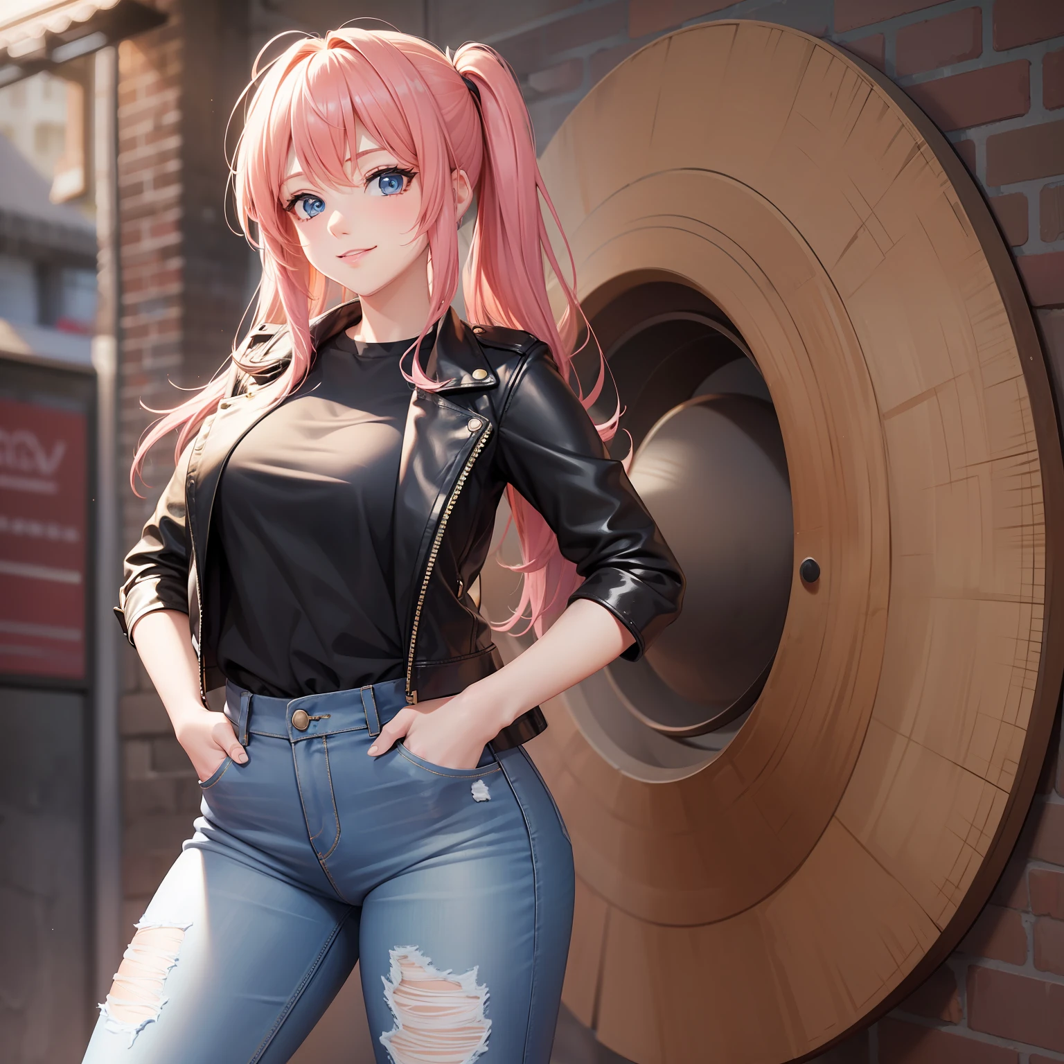 Naked leather jeans girl with femele I have my hands in my pockets a smile top-quality masterpiece 超A high resolution Detailed skin Pink hair a blond blue eyess beautiful a girl poneyTail
