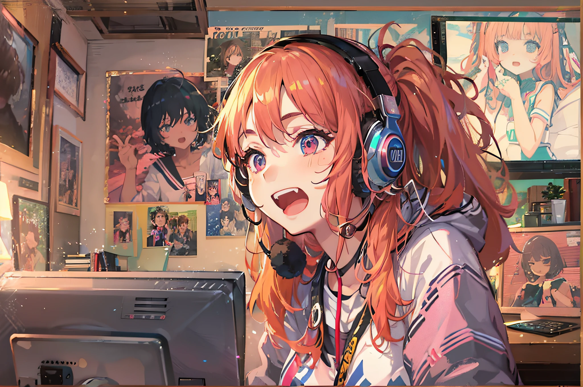 A teenage anime girl video-calling her friend on her computer, excitedly saying "Hello" as the call connects. Her room is filled with posters of her favorite bands, and she's wearing her favorite headphones. Her expression is one of anticipation and joy.