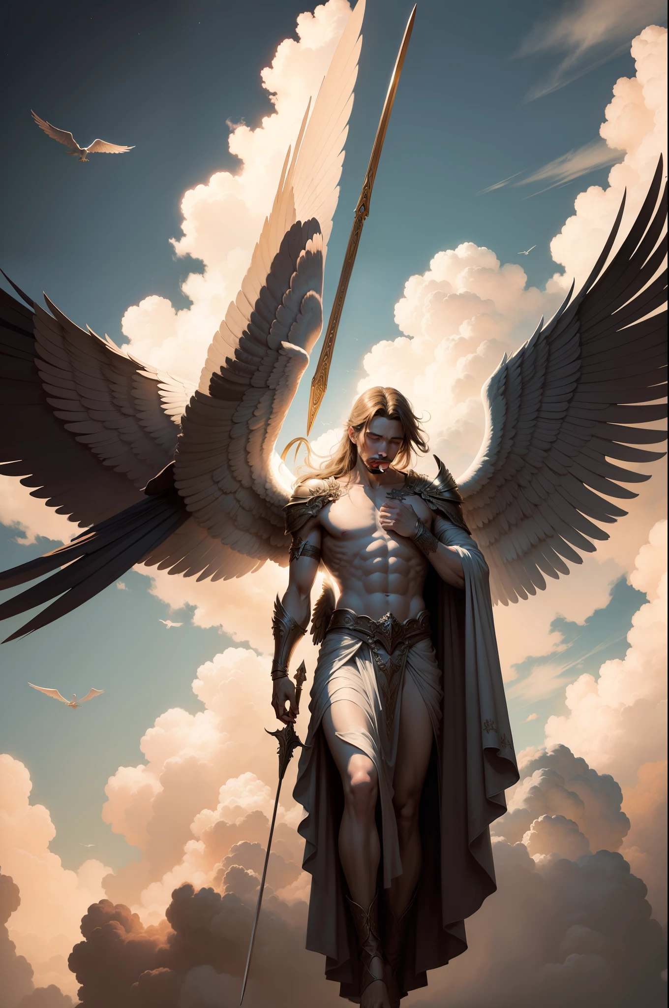 Painting of a man with wings and a sword in the sky, FALLEN ANGEL, O Anjo da Morte, anjo da morte, anjo protegendo o homem, angel watching demon, humano alado, huge wings growing out of arms, the angel of death with a halo, wings growing out of arms, Anjo com asas pretas, Icarus falling from the sky, anjo escuro