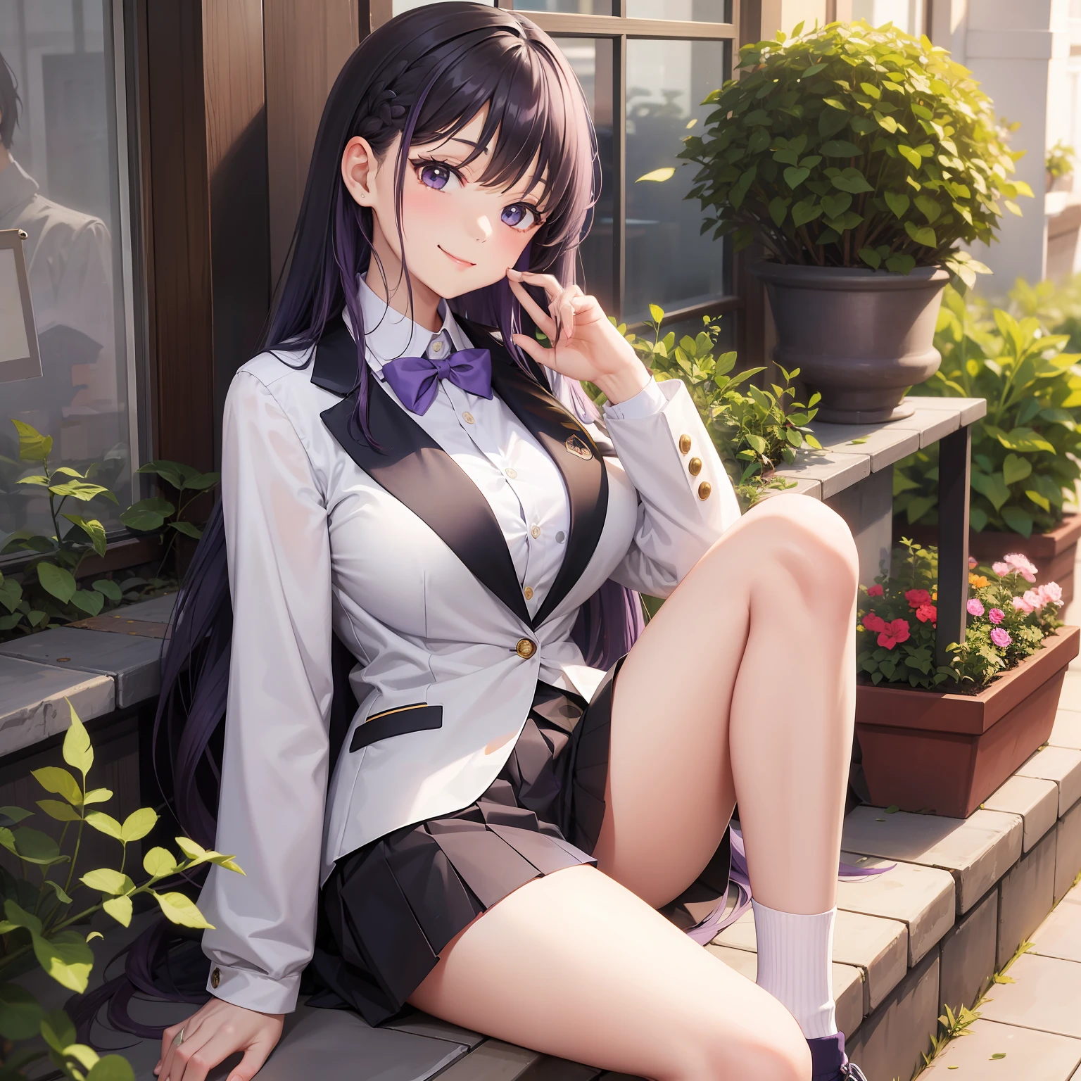 Loose Socks　校服、blazers、a smile、１６Year old girl　Long　Purple hair　top-quality　​masterpiece　超A high resolution　　beautiful a girl　huge tit