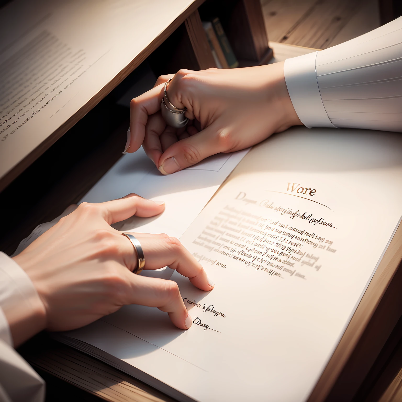 A piece of paper full of words,and a wedding ring,The woman's hand holds