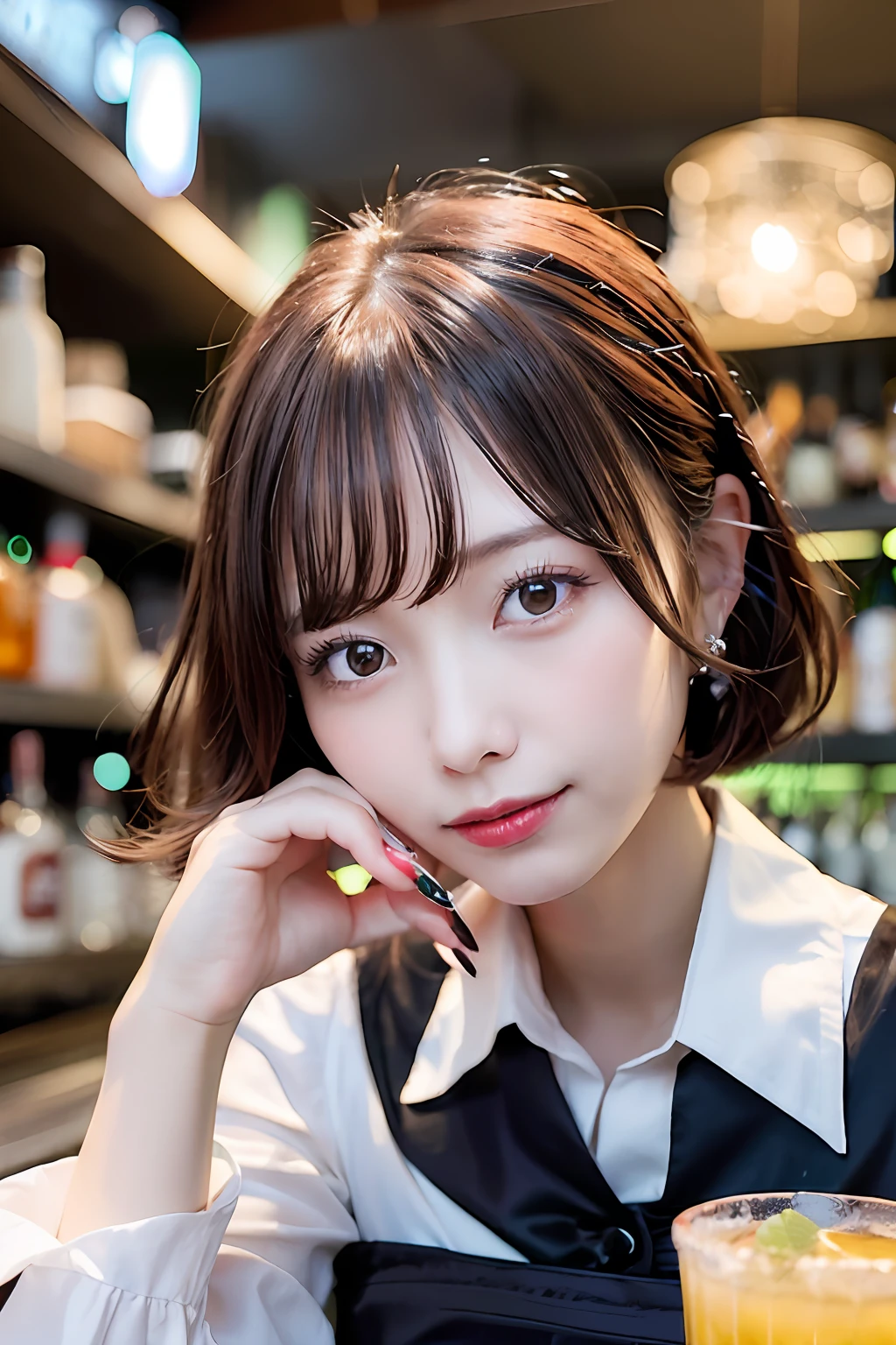 (Female bartender serving beautiful cocktails at dimly lit bar counter,),(( White and black bartender uniform,))、Japan Idol Girl、a smile、(Reddish brown straight bob cut hair、hair pin)、huge-breasted、(((Pour the ice cubes into a shiny glass container,、Enjoy a colorful blue cocktail inspired by summer,))),Beautiful fingers,Beautiful fingertips,gazing at viewer、