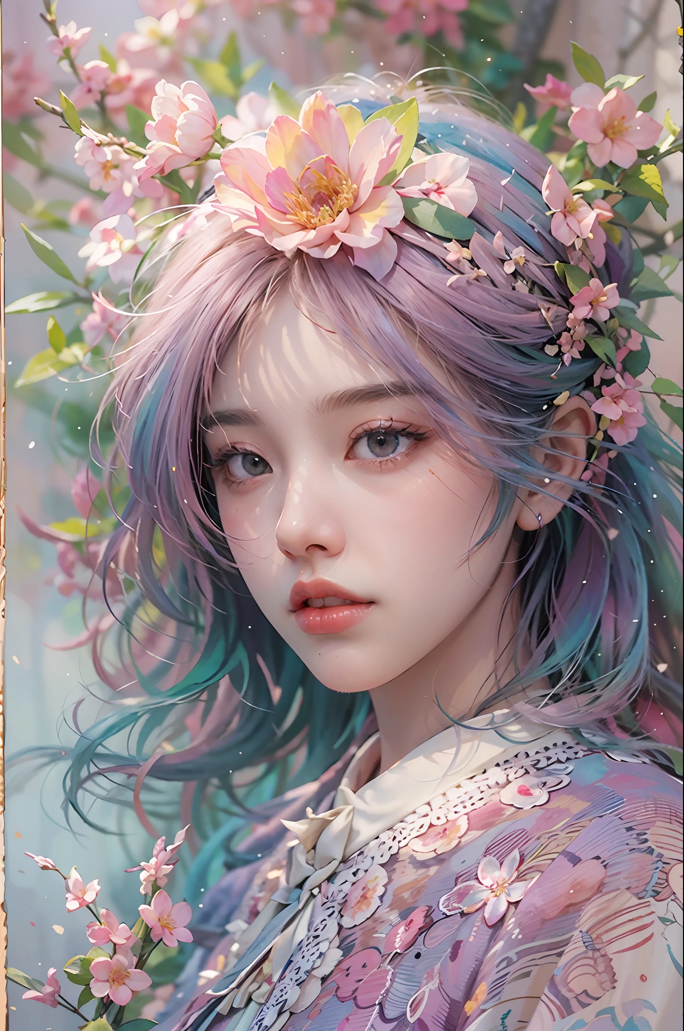 （RAW photos，best qualtiy），（realisticlying，photograph realistic：1.3），best qualtiy，highly  detailed，tmasterpiece，Hyper-detailing，illustratio，1girll，blossoms，Lixian flower，in the style of light pink and light azure，Dreamy romantic composition，pastel pink，ethereal foliage，playful arrangements，fanciful，hight contrast，Ink strokes，blasts，over exposure，Impression of purple and red tones，abstracted，（（Watercolor by John Berkey and Jeremy Man））Brush Strokes，negative space，