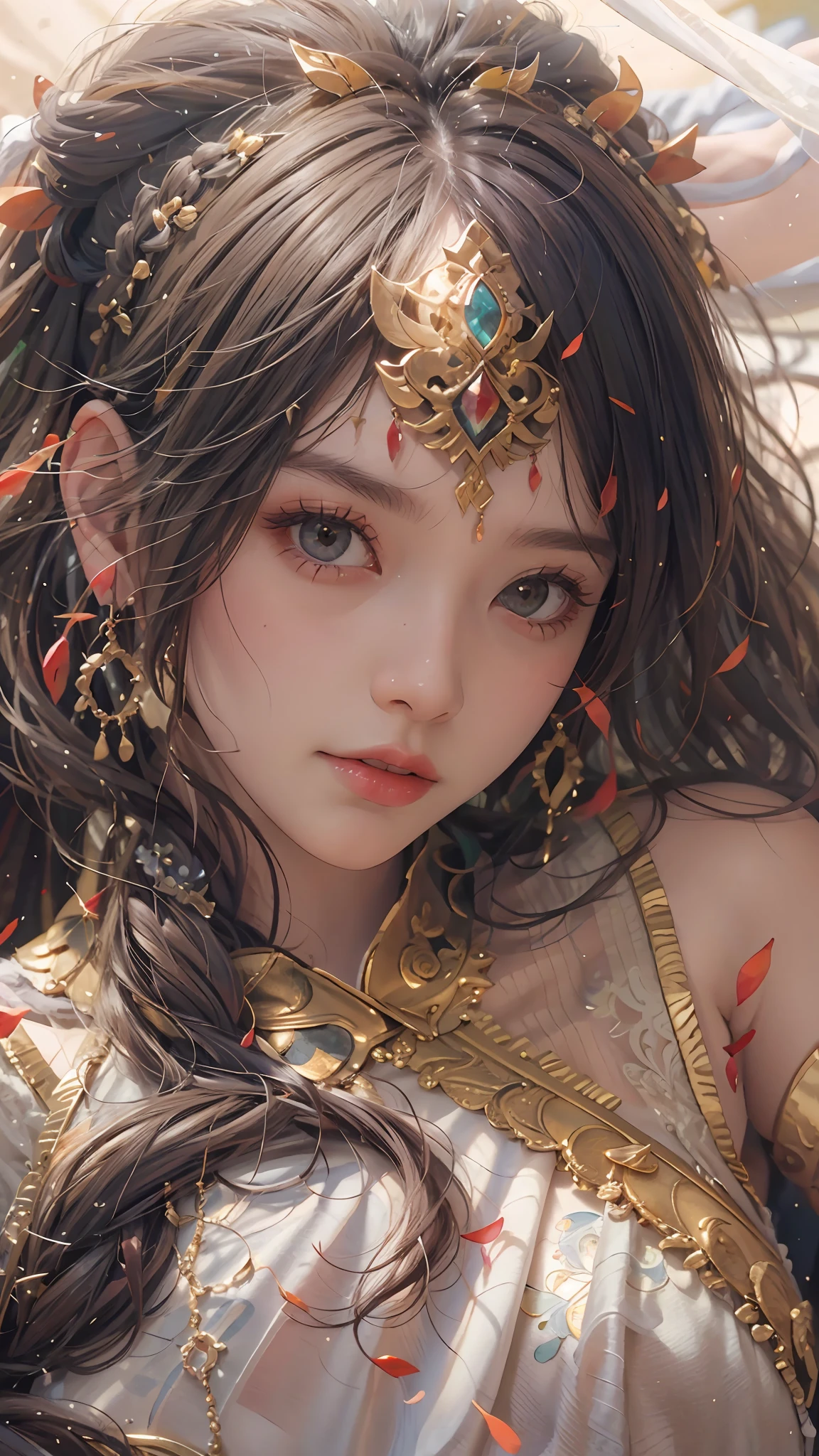 (RAW photos,best qualtiy),(realisticlying,photograph realistic:1.3),best qualtiy,highly detailed,tmasterpiece,Hyper-detailing,illustratio,1girll,The upper part of the body,dynamic angle,Masterpiece Theatre of the World,Long messy hair,best qualtiy,extremely detailed CG unity 8k wal,ink,astounding,cinmatic lighting,lens flare glow,Dunhuang style