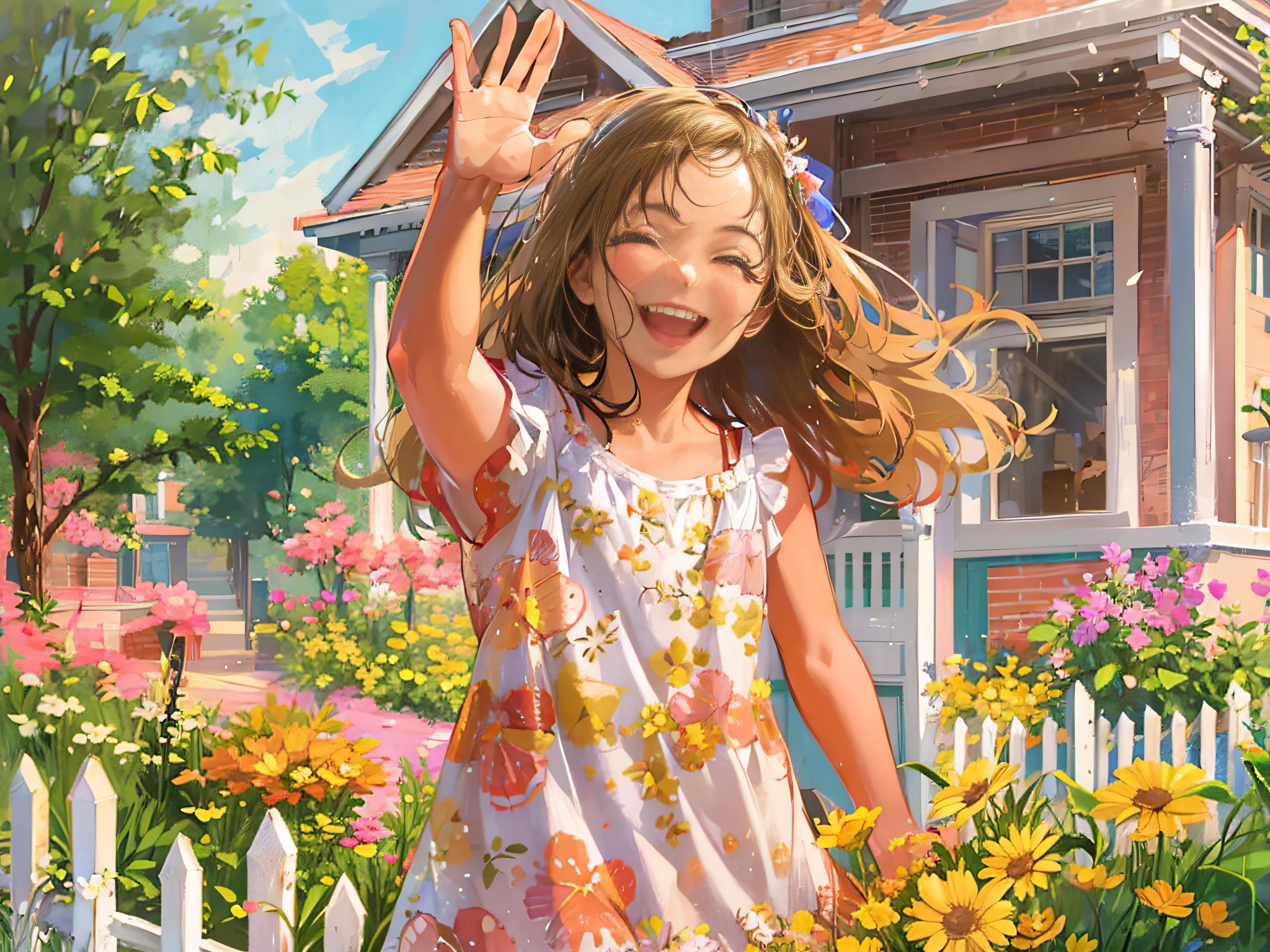 A cheerful young girl waving and saying "Hello" to her neighbor from her front yard. She's wearing a bright sundress, and her smile radiates warmth and friendliness. The background includes her family home, a white picket fence, and blooming flowers
