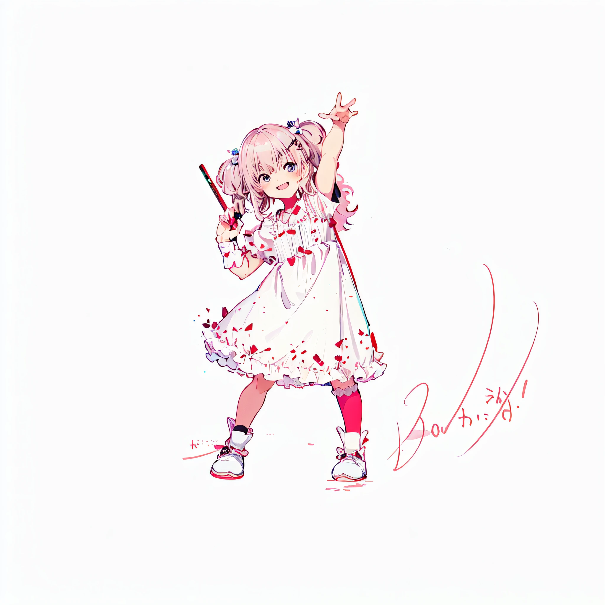 "An extremely detailed CG illustration，Presents a cute girl in a dress，She was holding a baseball bat，The whole body is delicately depicted！ style，small lolil，Soft curves。The picture is based on the theme of loli，Ful pleasant atmosphere！The poses are inspired by anime，Especially the Pudica pose gesture，With a happy expression，Plus a zero zen posture with arms raised。The overall picture is dominated by line art，Shows the character profile of the official fanart。"