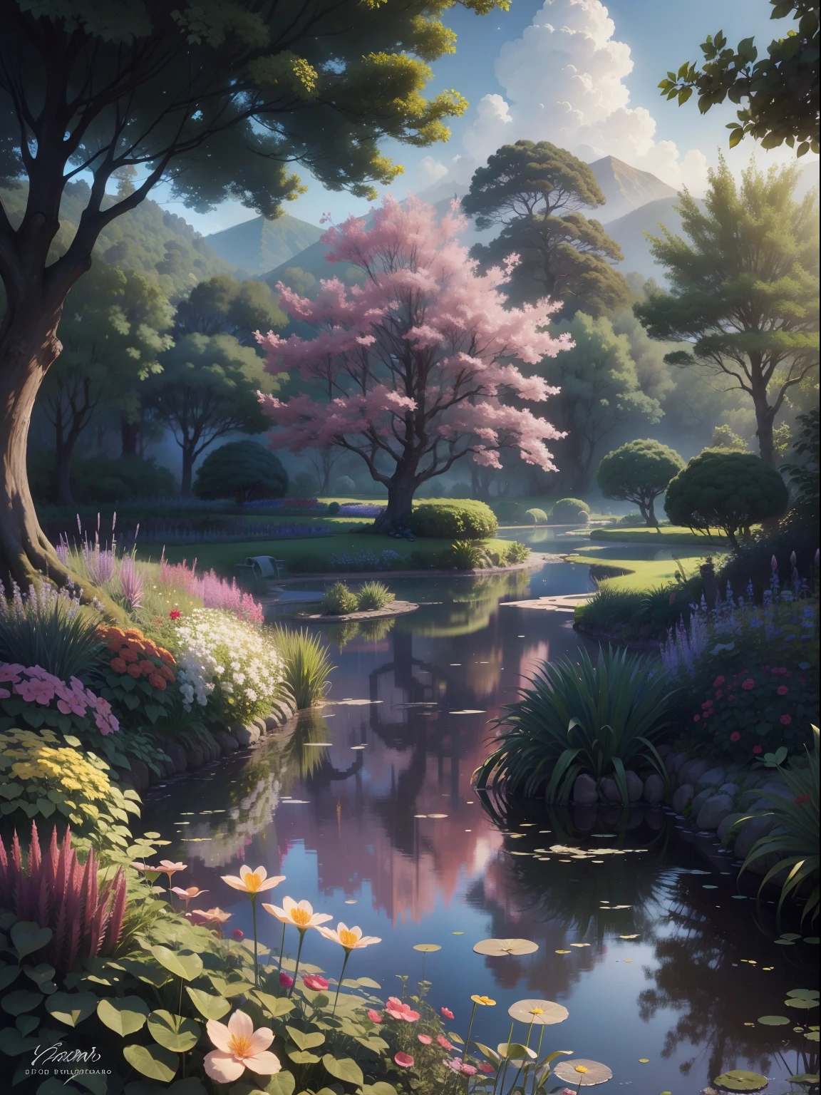 Eden's garden in heaven, hermoso paisaje, Magestic, ethereal, dorado, trees, lago, Arbustos, flores