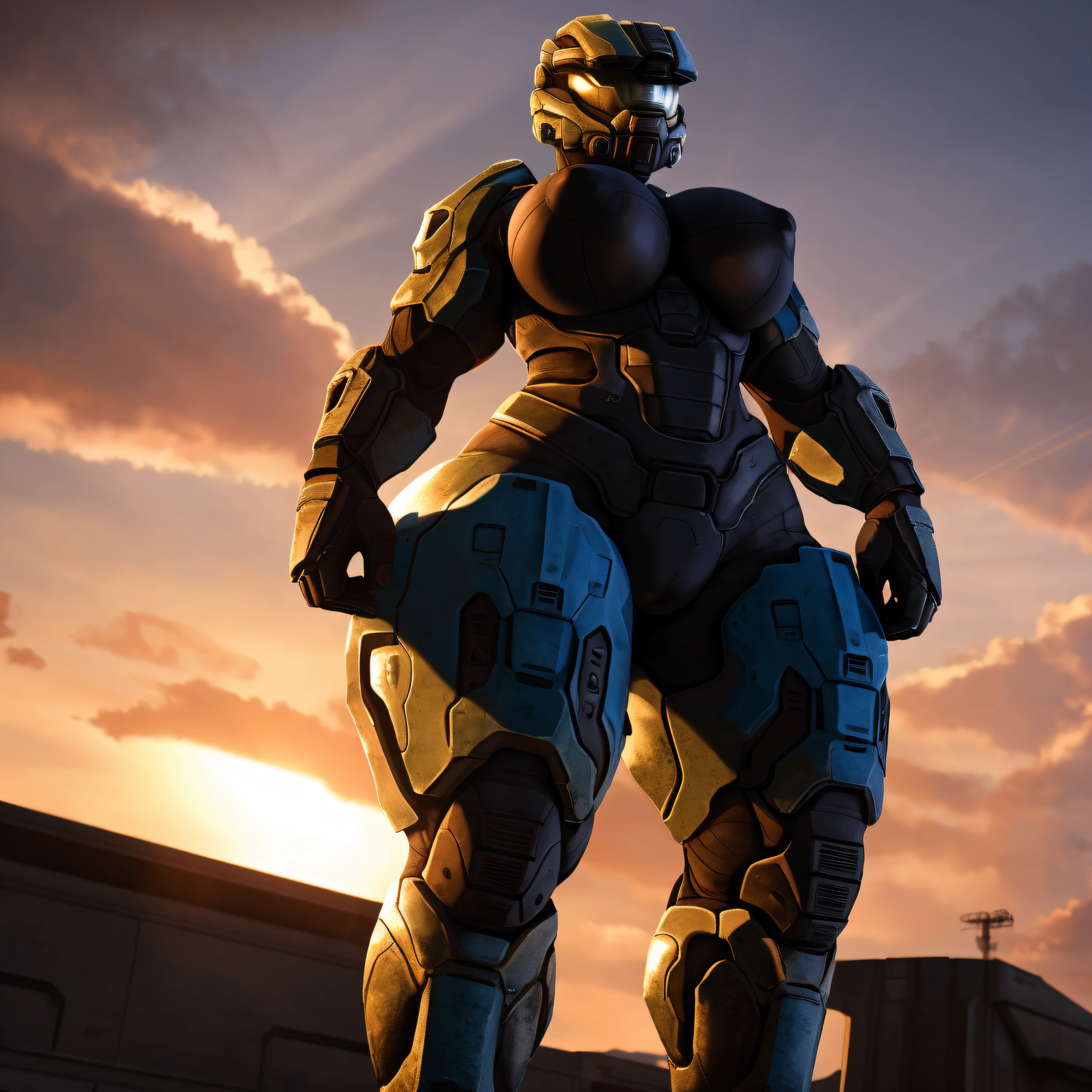 spartan halo, big breasts, wide hips, high res, high resolution, thick thighs, realistic, raw photo, thick thighs, body suit, standing pose, nipple outline, sunset, beautiful lighting, low angle