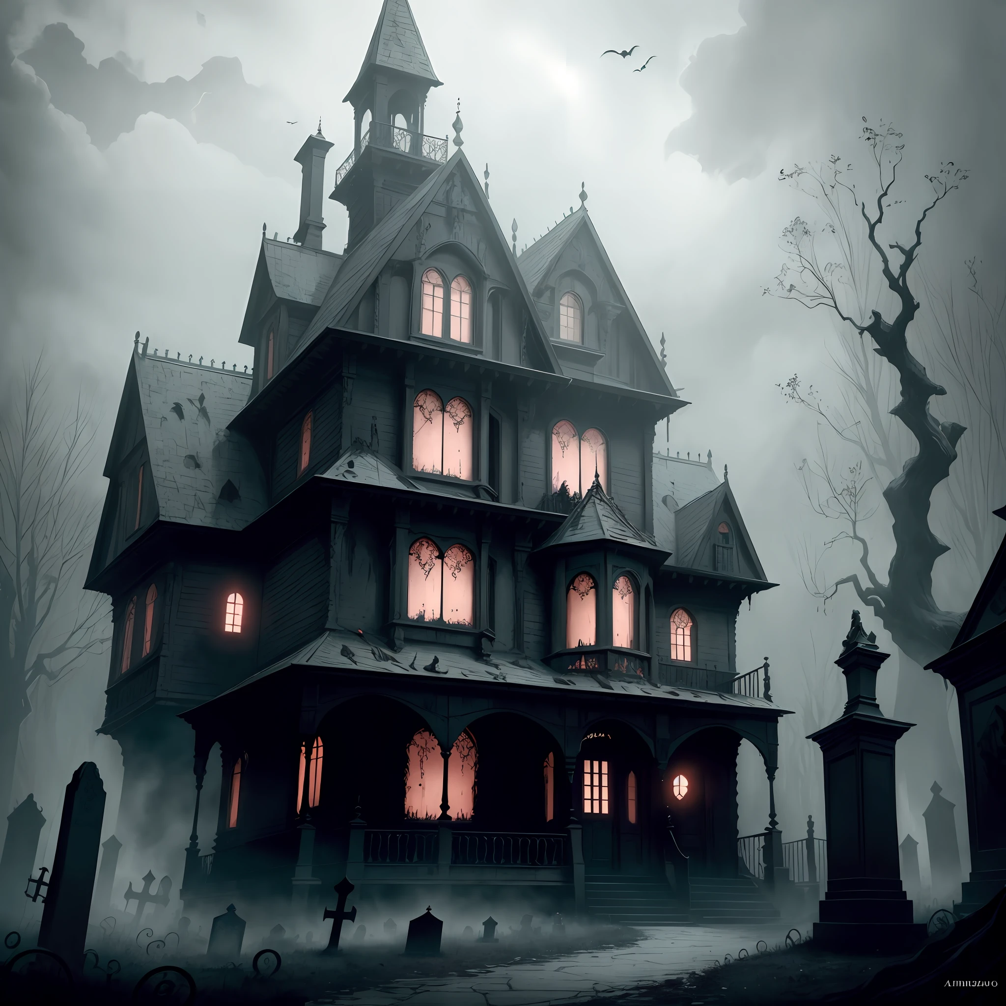 Arafed house with a scary look and a scary cemetery, spooky mansion, inspirado em Andreas Rocha, gothic mansion, haunted house, arte de fundo, haunted house themed, sinistro altamente detalhado, Estilo Andreas Rocha, haunted gothic hotel, casa assombrada ultra detalhada, eerie nostalgic concept art, Directed by: Tomasz Jedruszek, estilo de arte sinistro