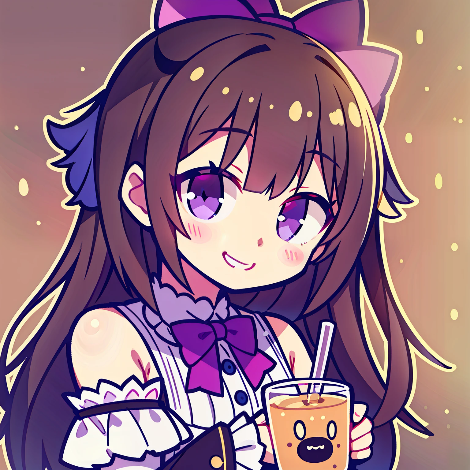 Purple eyes, cute bow beside the cheek, delighted smile, lace trims on shoulders,holding Milk tea, smiling happily