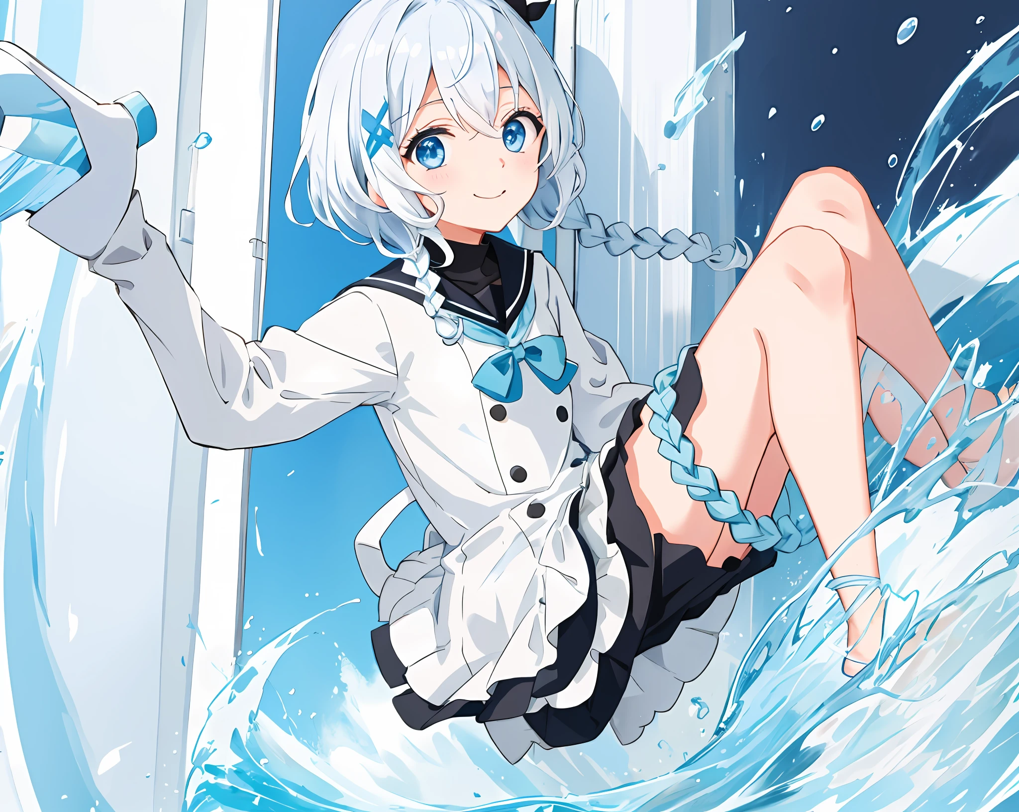 girl with、pastel blue eyes、white hair、a smile、a sailor suit、Black sailor suit、looking at the viewers、short-hair、Braids